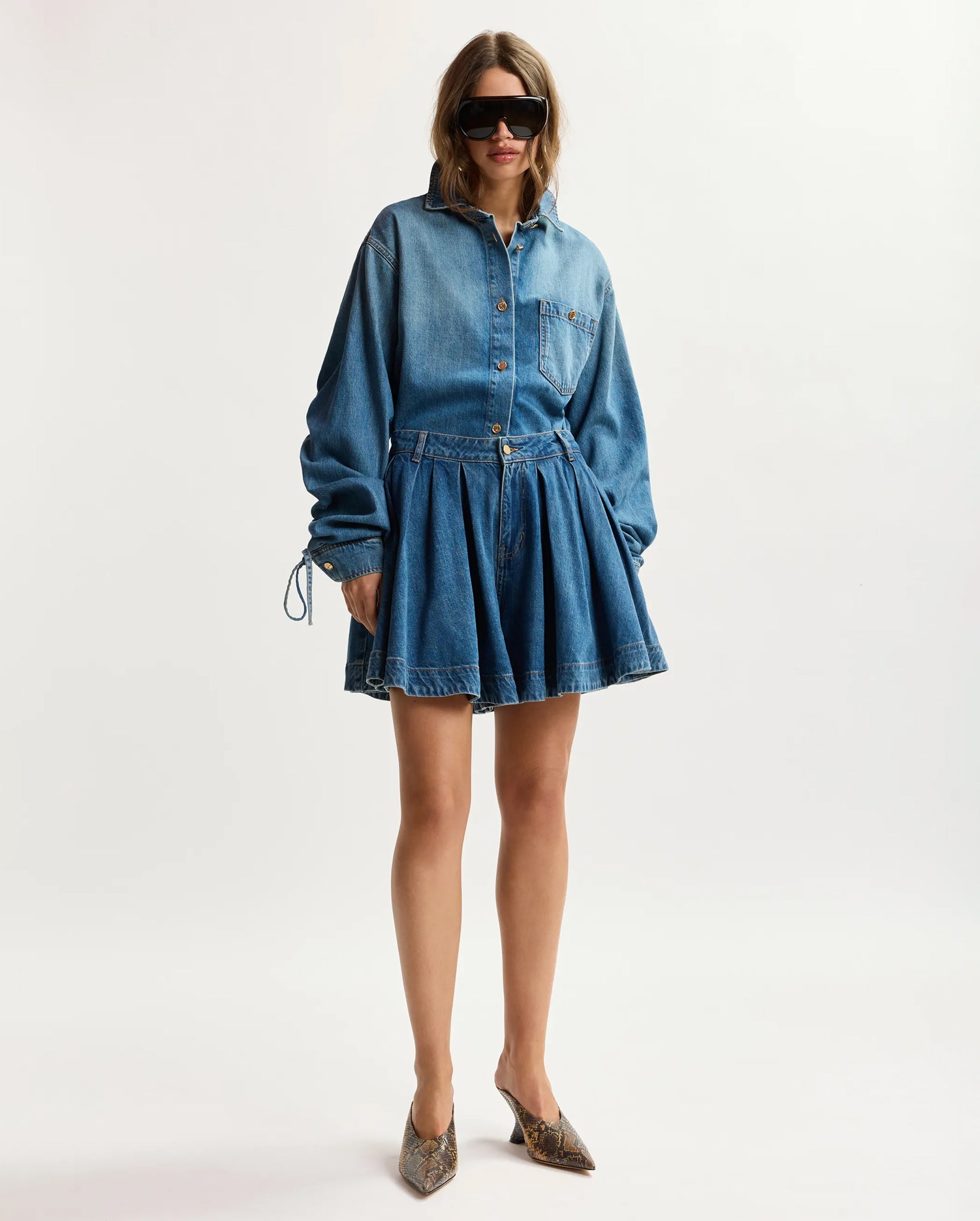 Oversized Denim Shirt With Sleeve Drawstrings (Blue)