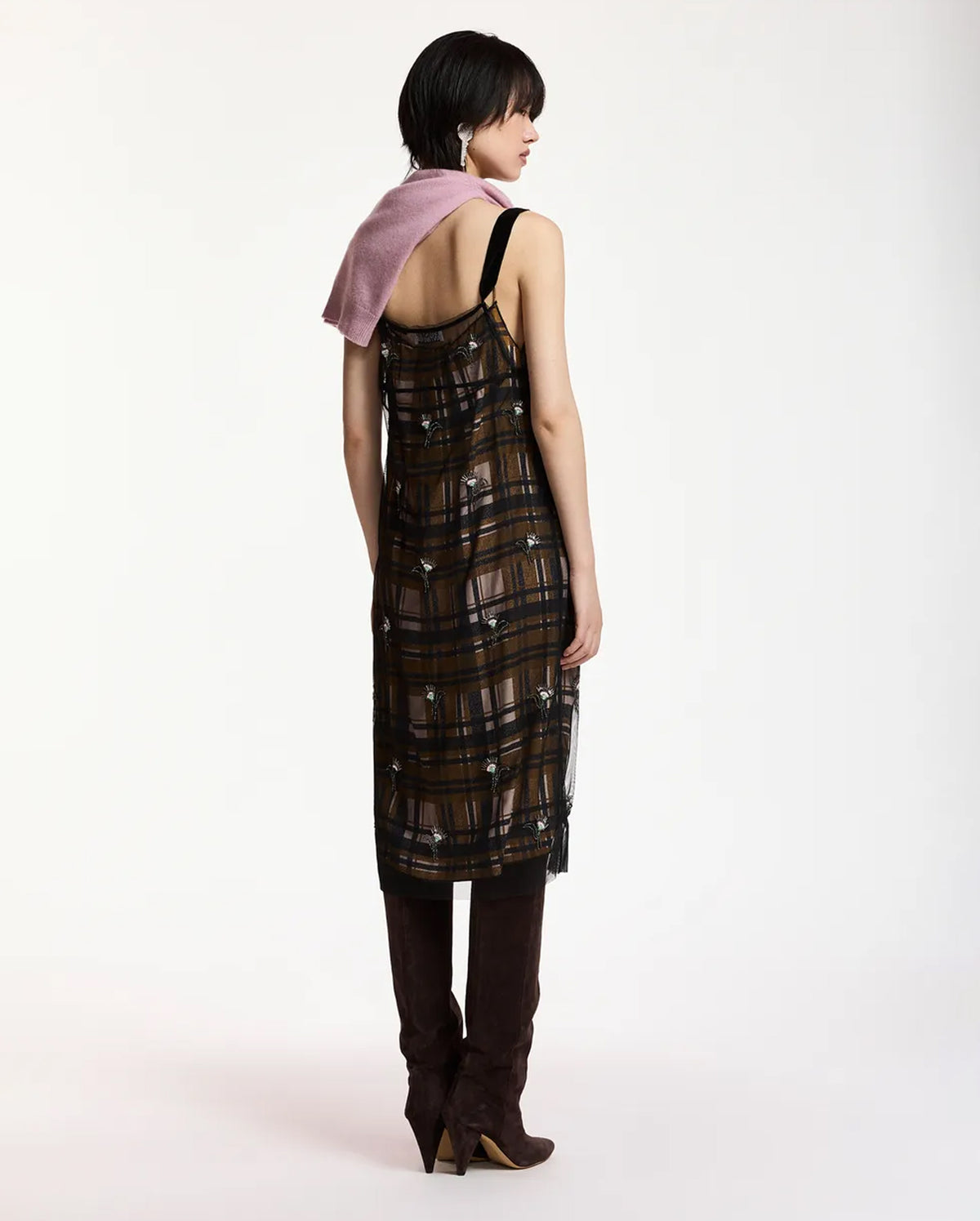 Mesh Slip Dress with Floral Embellishments (Black/Brown/Ecru)