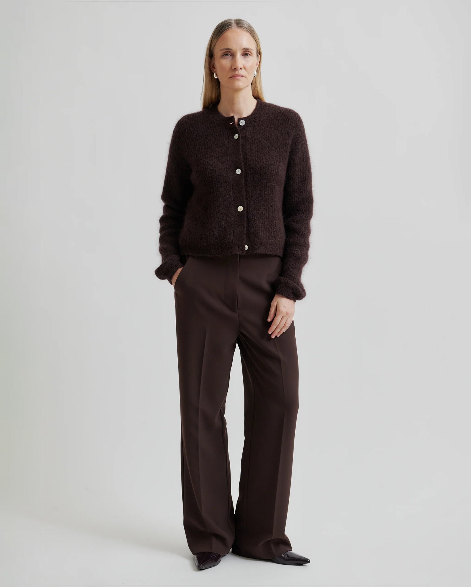 Andrea Rib Knit LS Cardigan (Chocolate Plum)