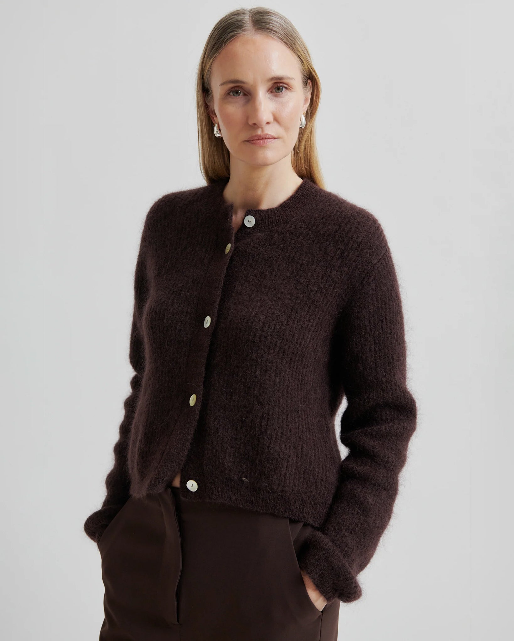 Andrea Rib Knit LS Cardigan (Chocolate Plum)