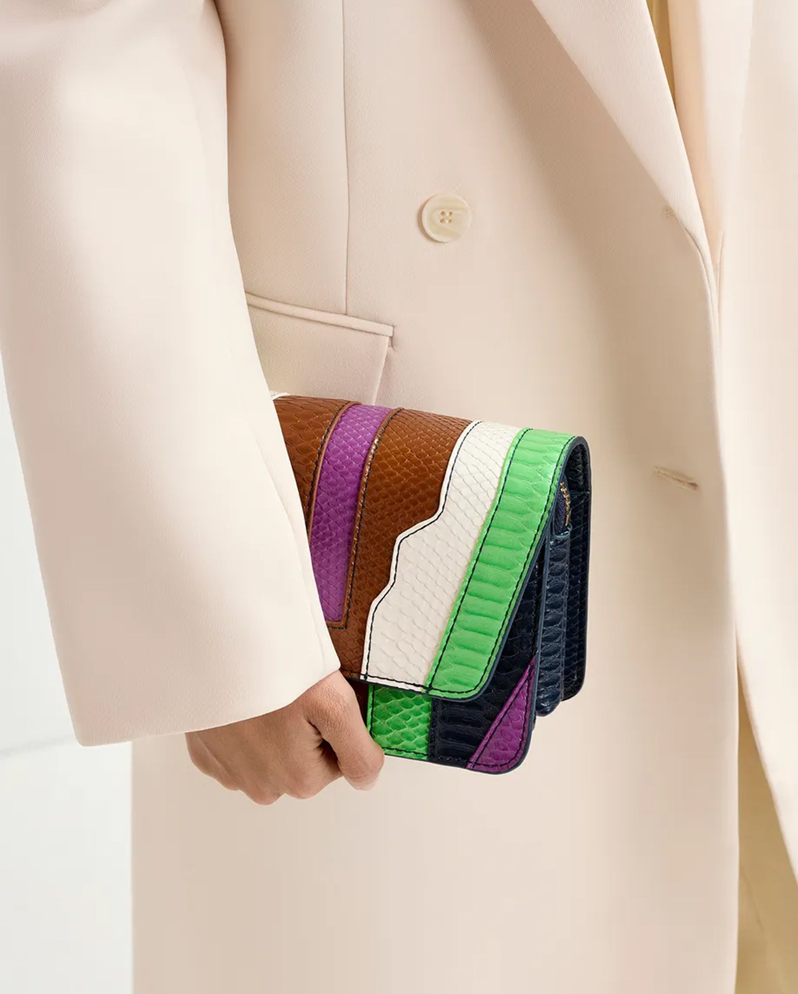 Snake-Effect Faux Leather Shoulder Bag (Brown/Green/Navy Blue