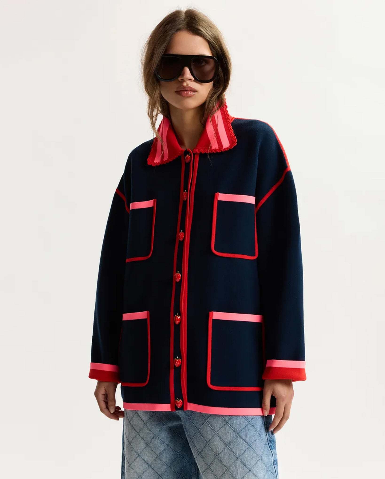 Fine Knit Cardigan With Lace-Trimmed Collar And Strawberry-Shaped Buttons (Navy/Pink/Red)