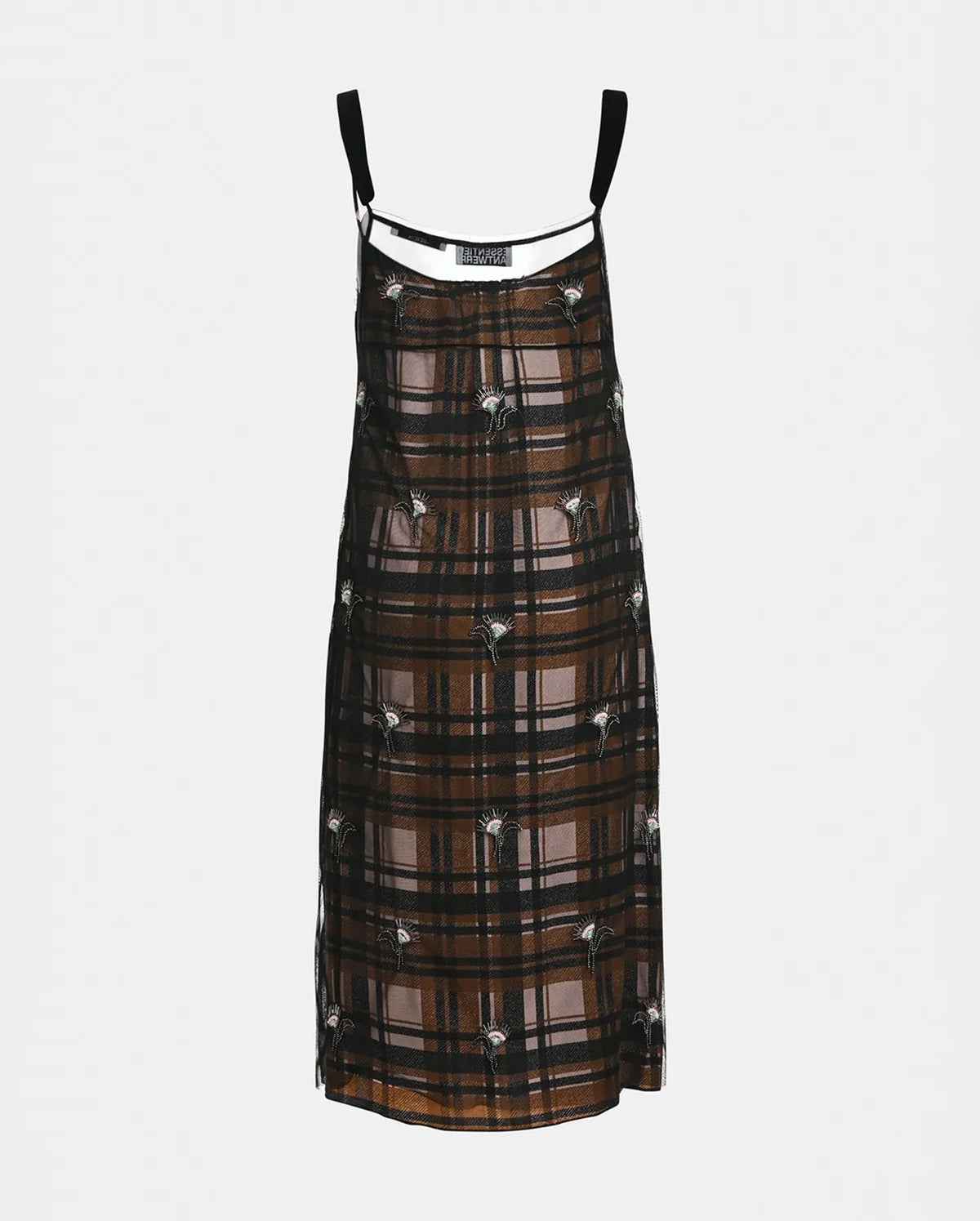 Mesh Slip Dress with Floral Embellishments (Black/Brown/Ecru)