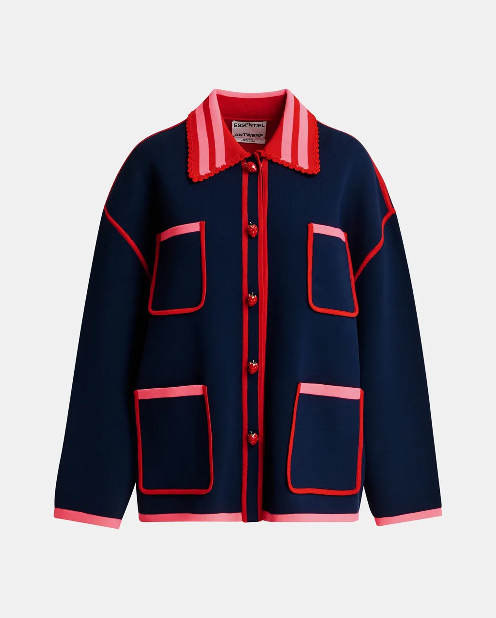 Fine Knit Cardigan With Lace-Trimmed Collar And Strawberry-Shaped Buttons (Navy/Pink/Red)