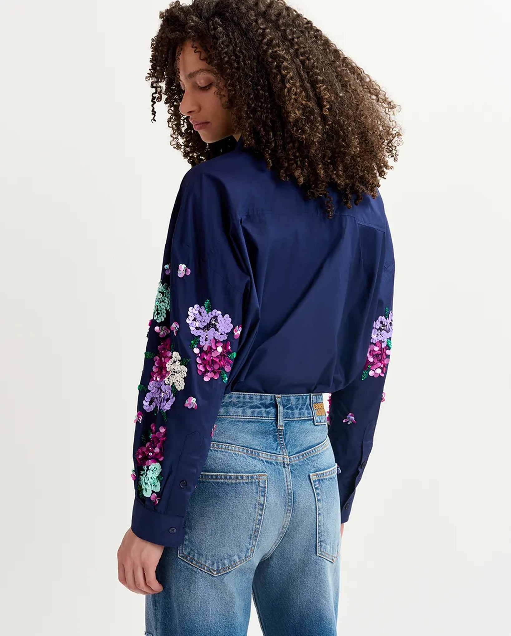 Cotton Shirt With Floral Sequin Embroideries