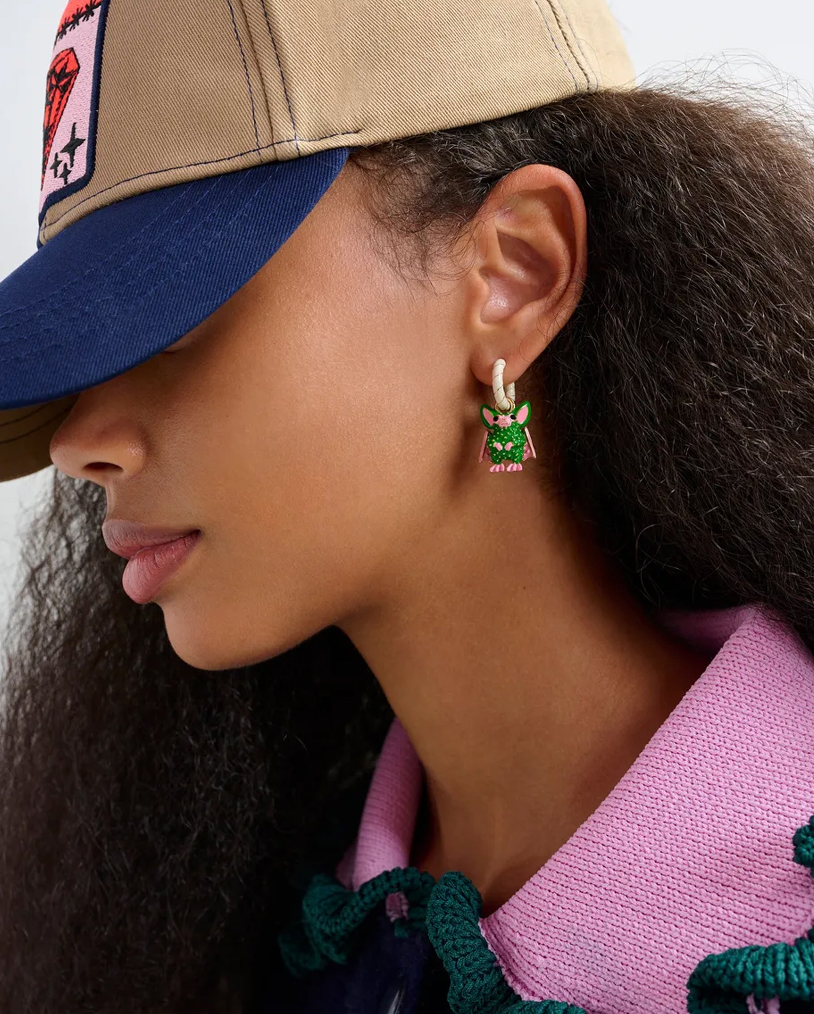 Hoop Earrings with Bat and Puzzle Pendants (Gold/Off-White)