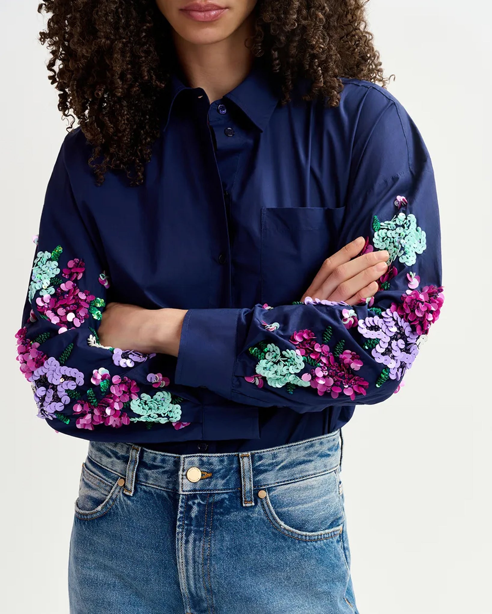 Cotton Shirt With Floral Sequin Embroideries