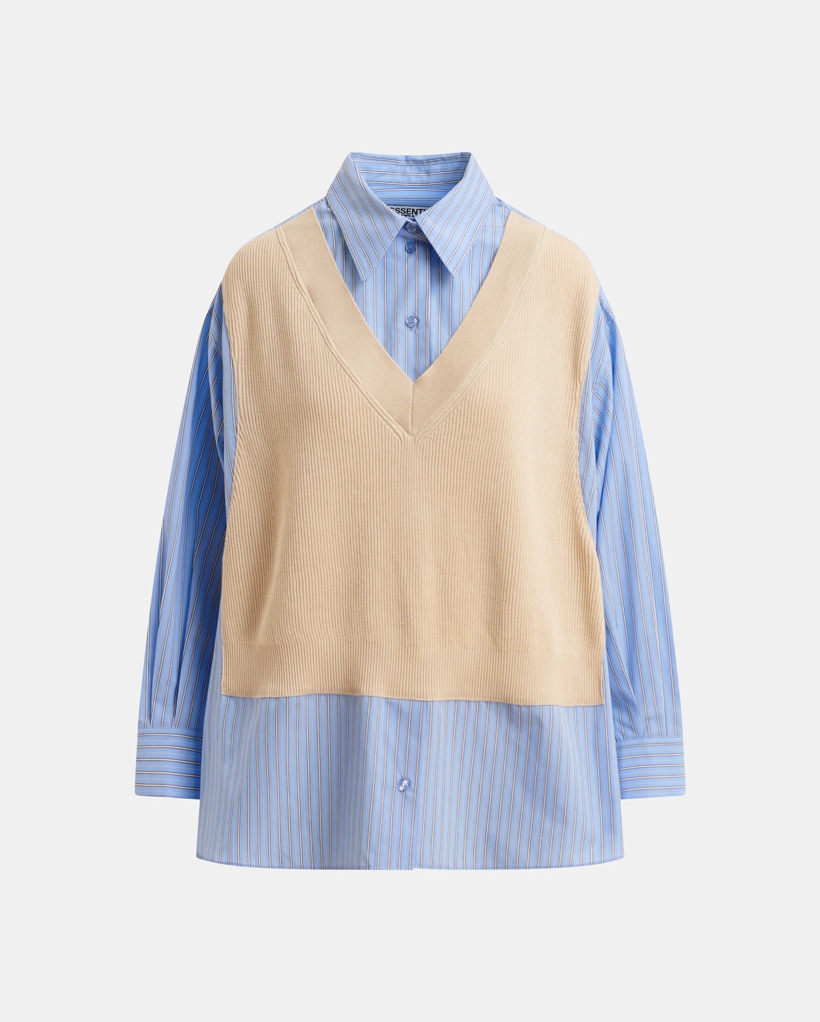 Knit-Panel Oversized Shirt (Black/Cream/Light Blue)