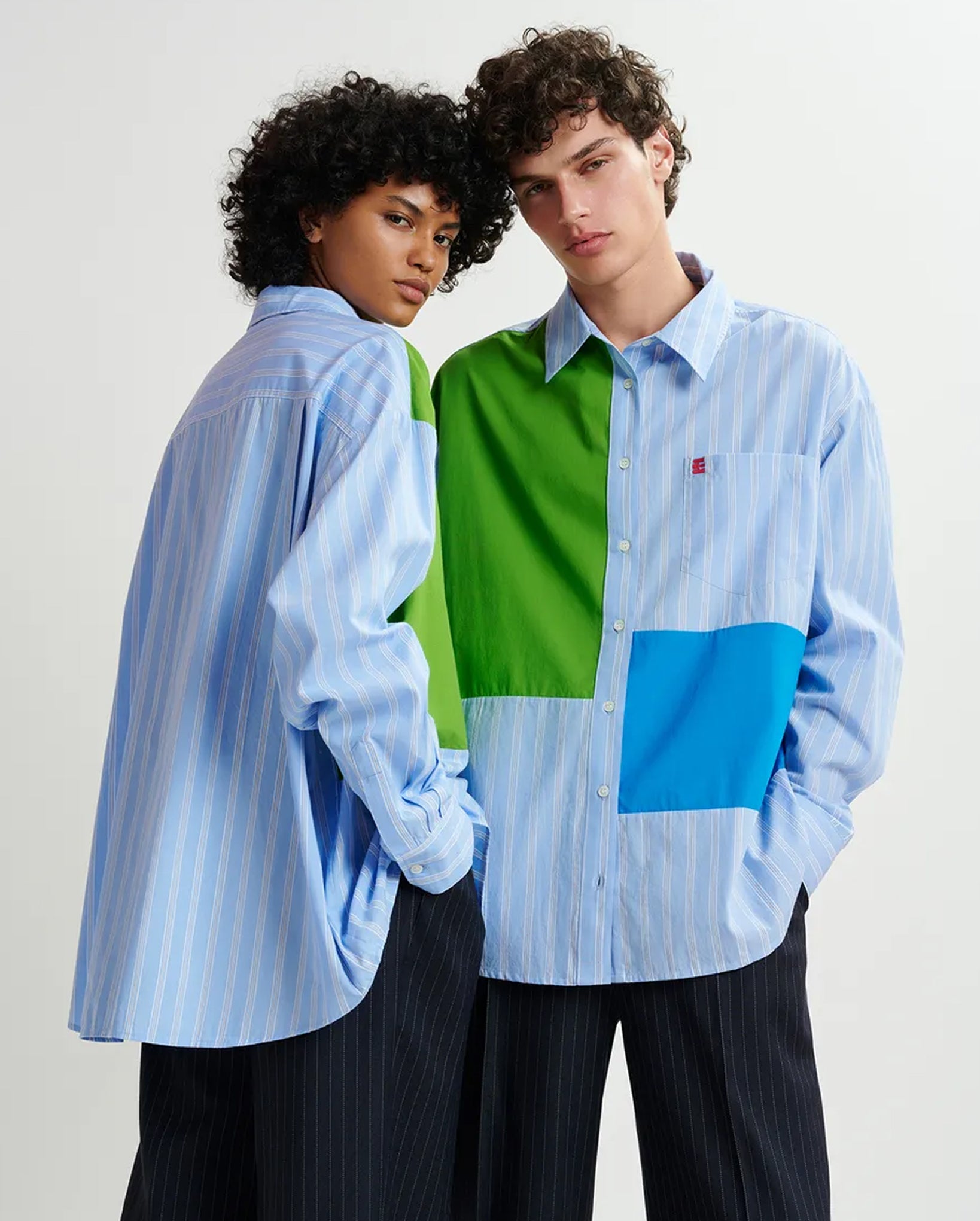 Blue and White Striped Patchwork Shirt