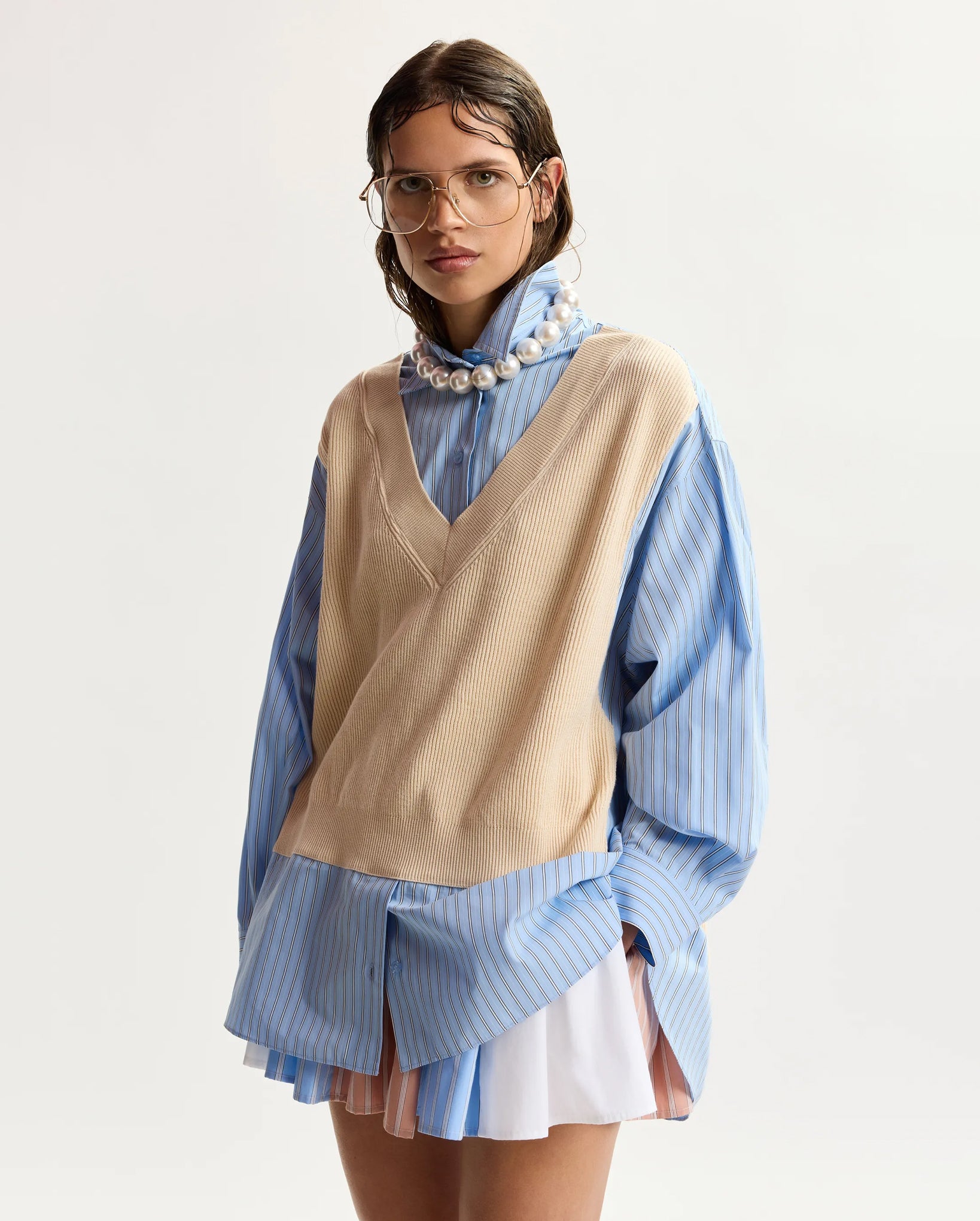 Knit-Panel Oversized Shirt (Black/Cream/Light Blue)