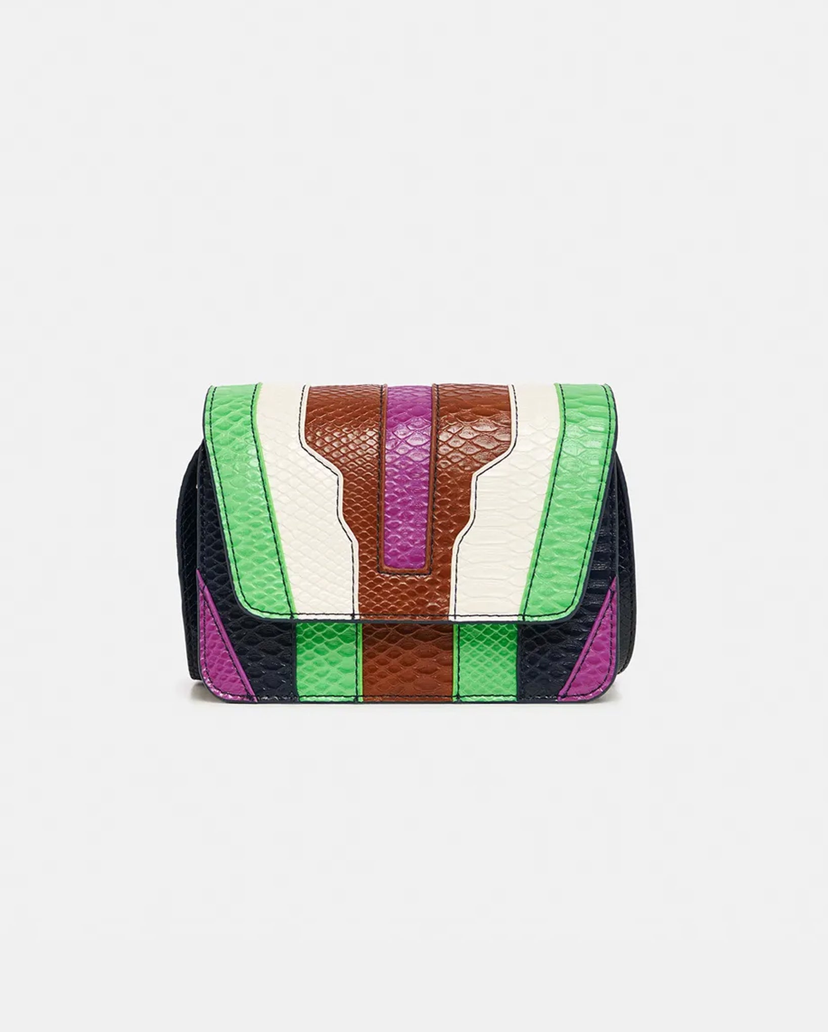 Snake-Effect Faux Leather Shoulder Bag (Brown/Green/Navy Blue)