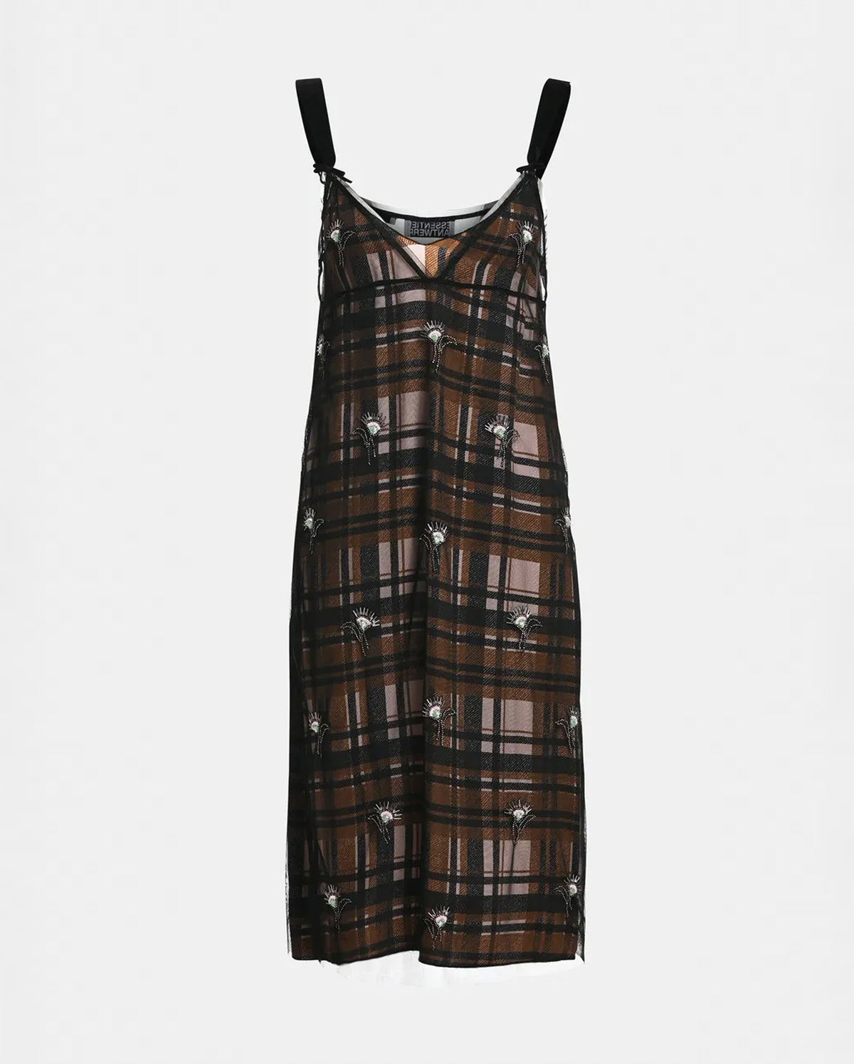 Mesh Slip Dress with Floral Embellishments (Black/Brown/Ecru)