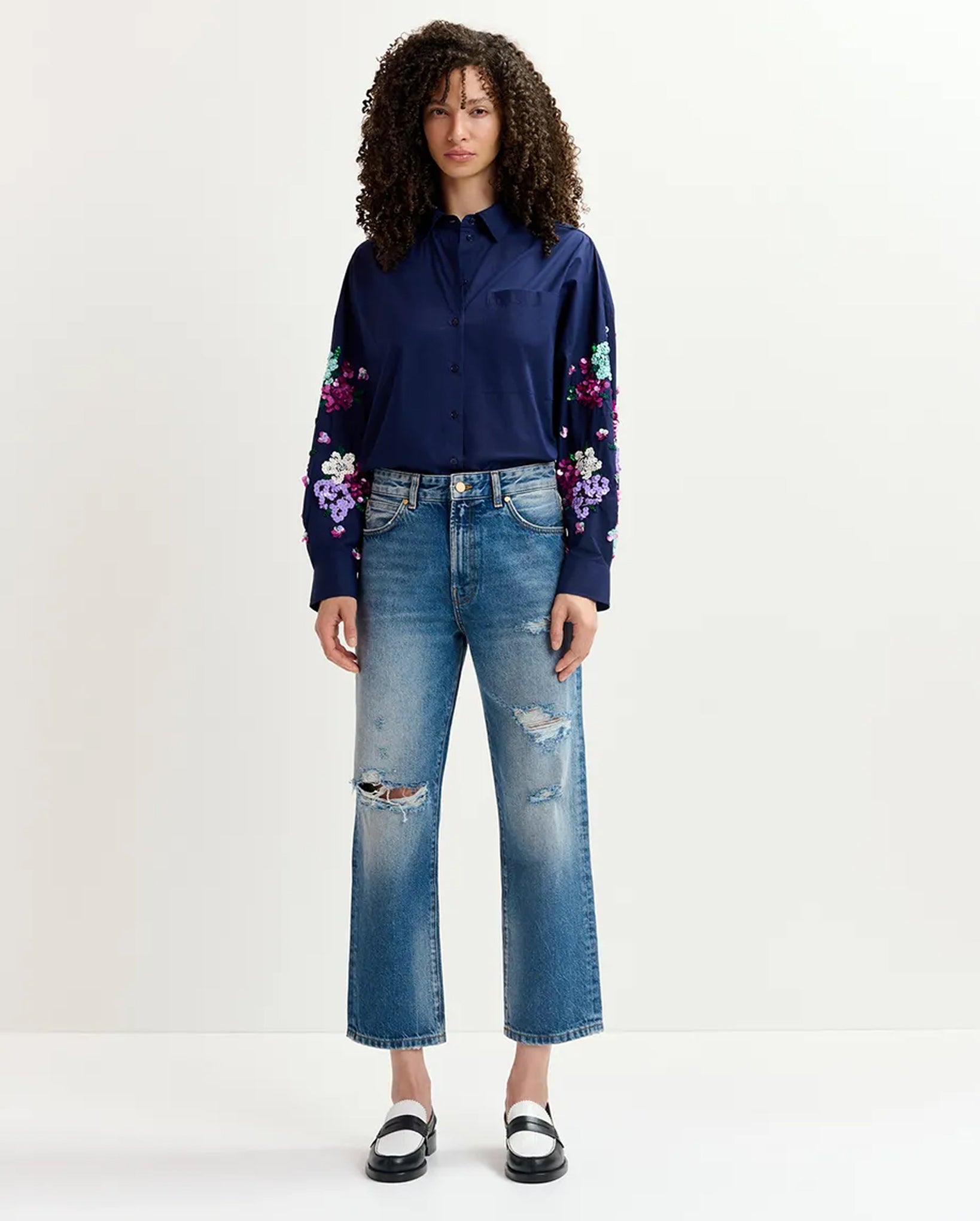 Cotton Shirt With Floral Sequin Embroideries