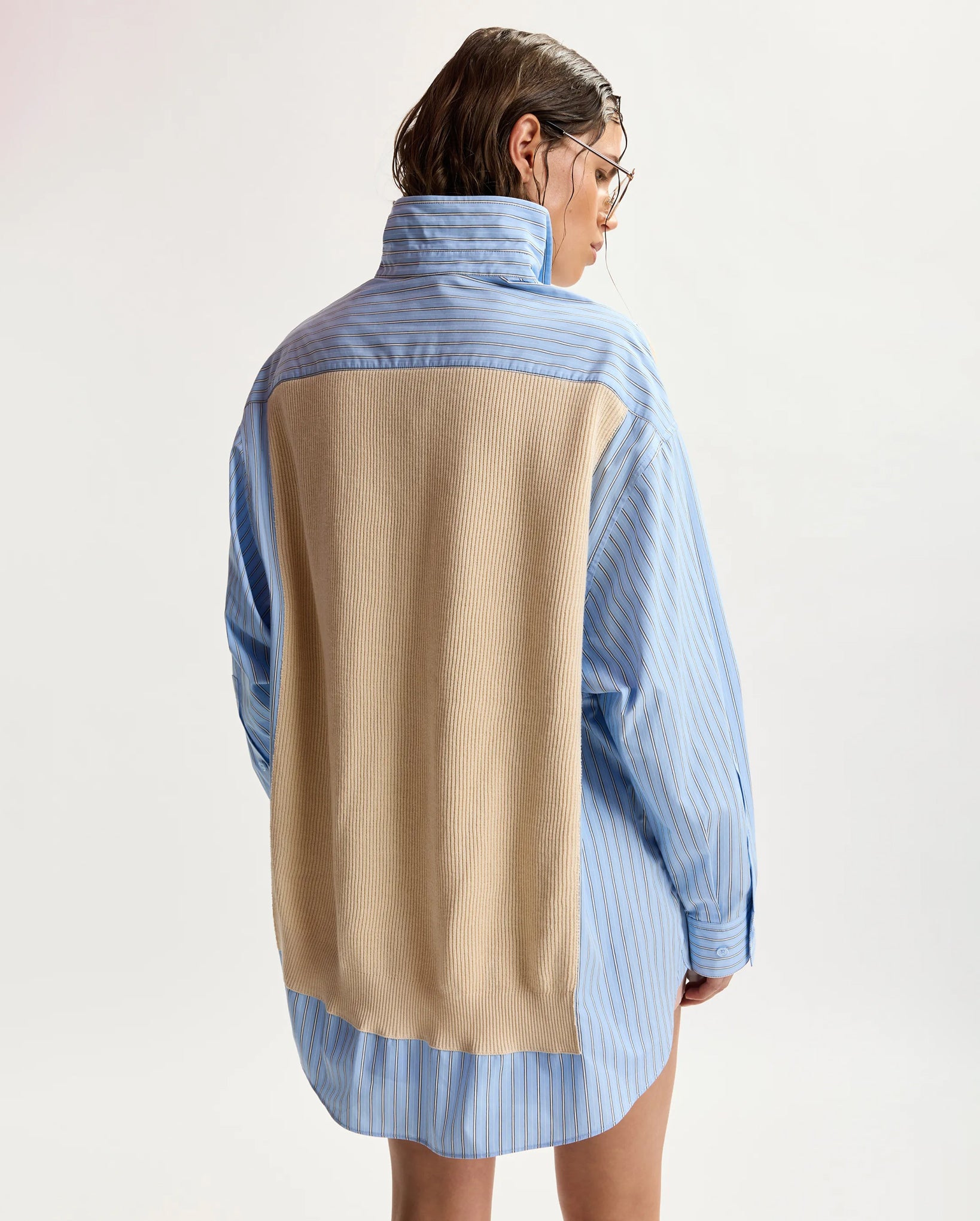 Knit-Panel Oversized Shirt (Black/Cream/Light Blue)