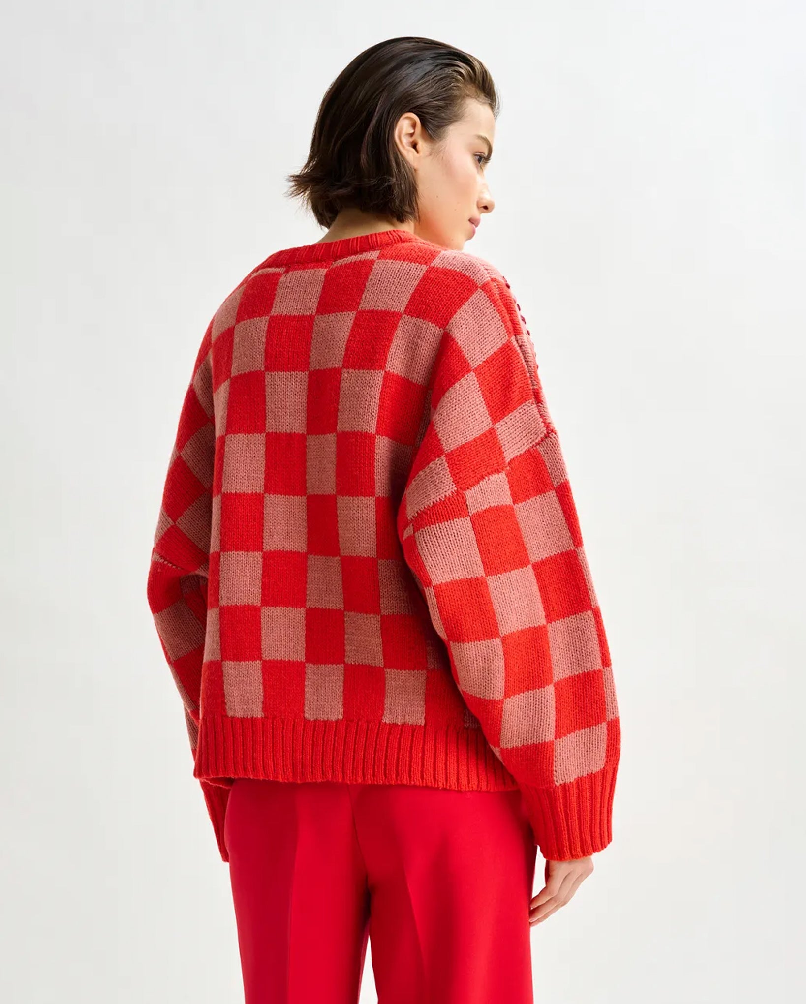 Checkerboard Floral Jacquard Knit Sweater (Brown/Off-white/Red)
