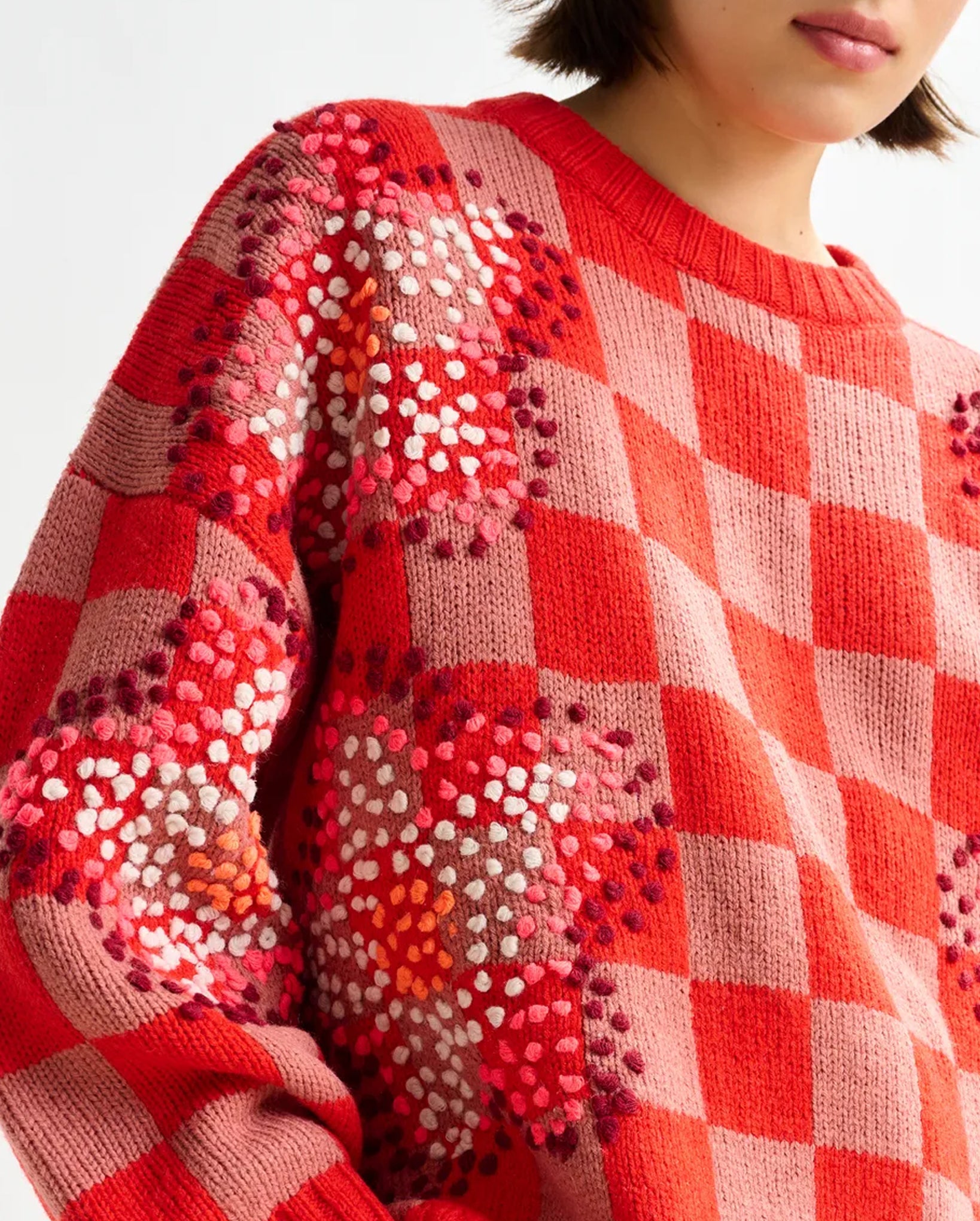 Checkerboard Floral Jacquard Knit Sweater (Brown/Off-white/Red)