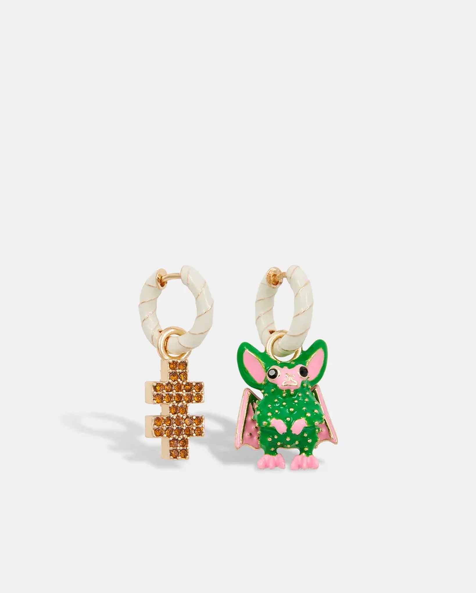 Hoop Earrings with Bat and Puzzle Pendants (Gold/Off-White)