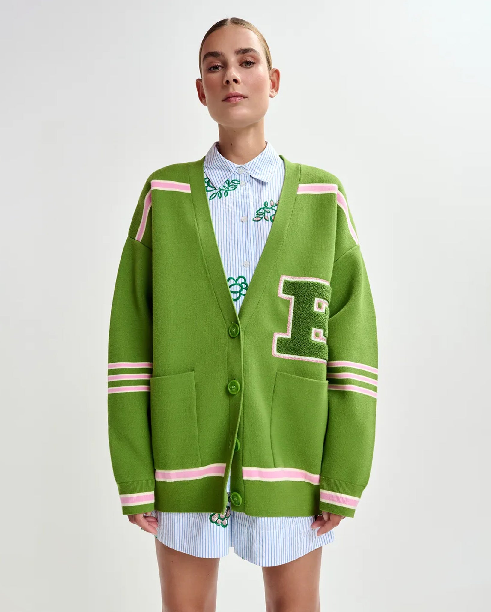Appliquéd Cardigan (Green/Pink)