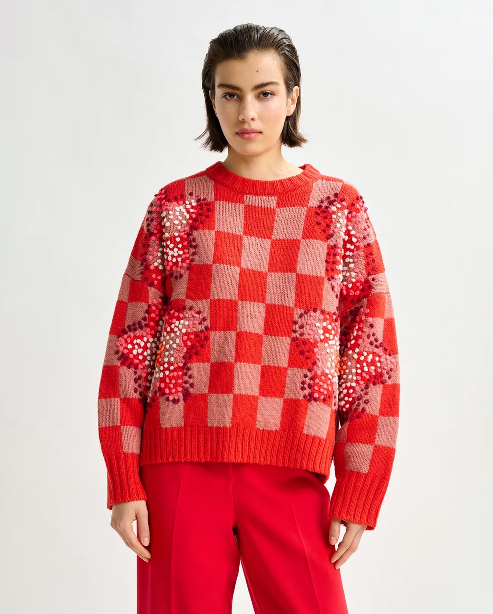 Checkerboard Floral Jacquard Knit Sweater (Brown/Off-white/Red)