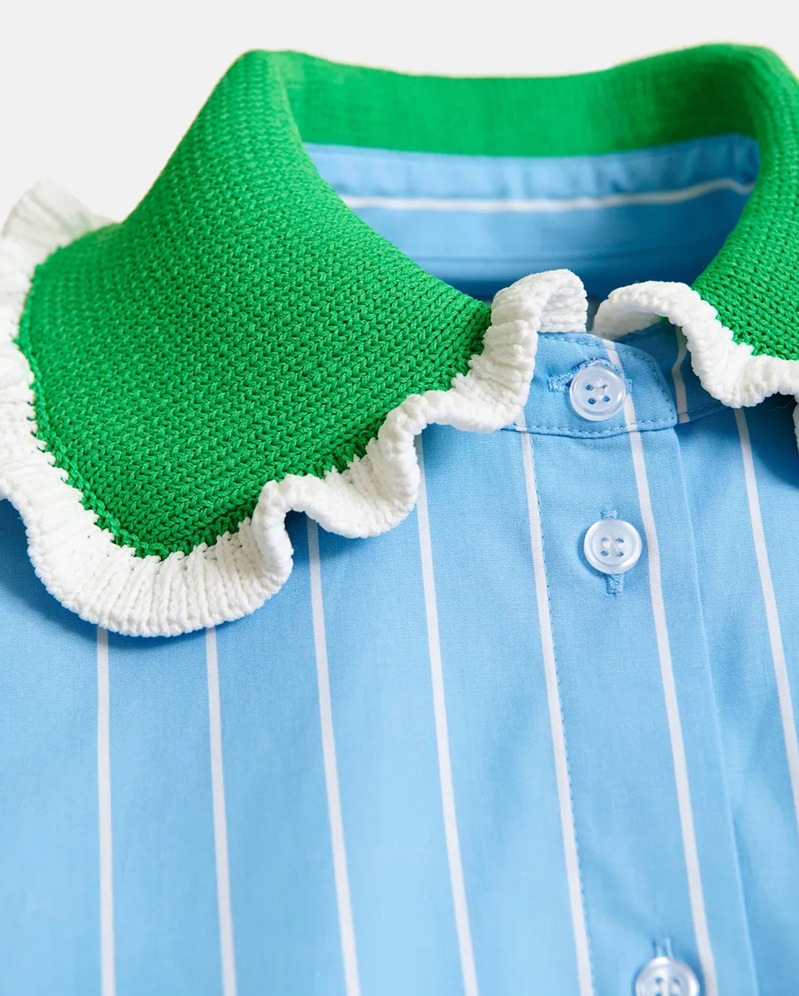 Striped Cotton Shirt with Crochet Ruffled Collar (Light Blue/Off-White/Green)