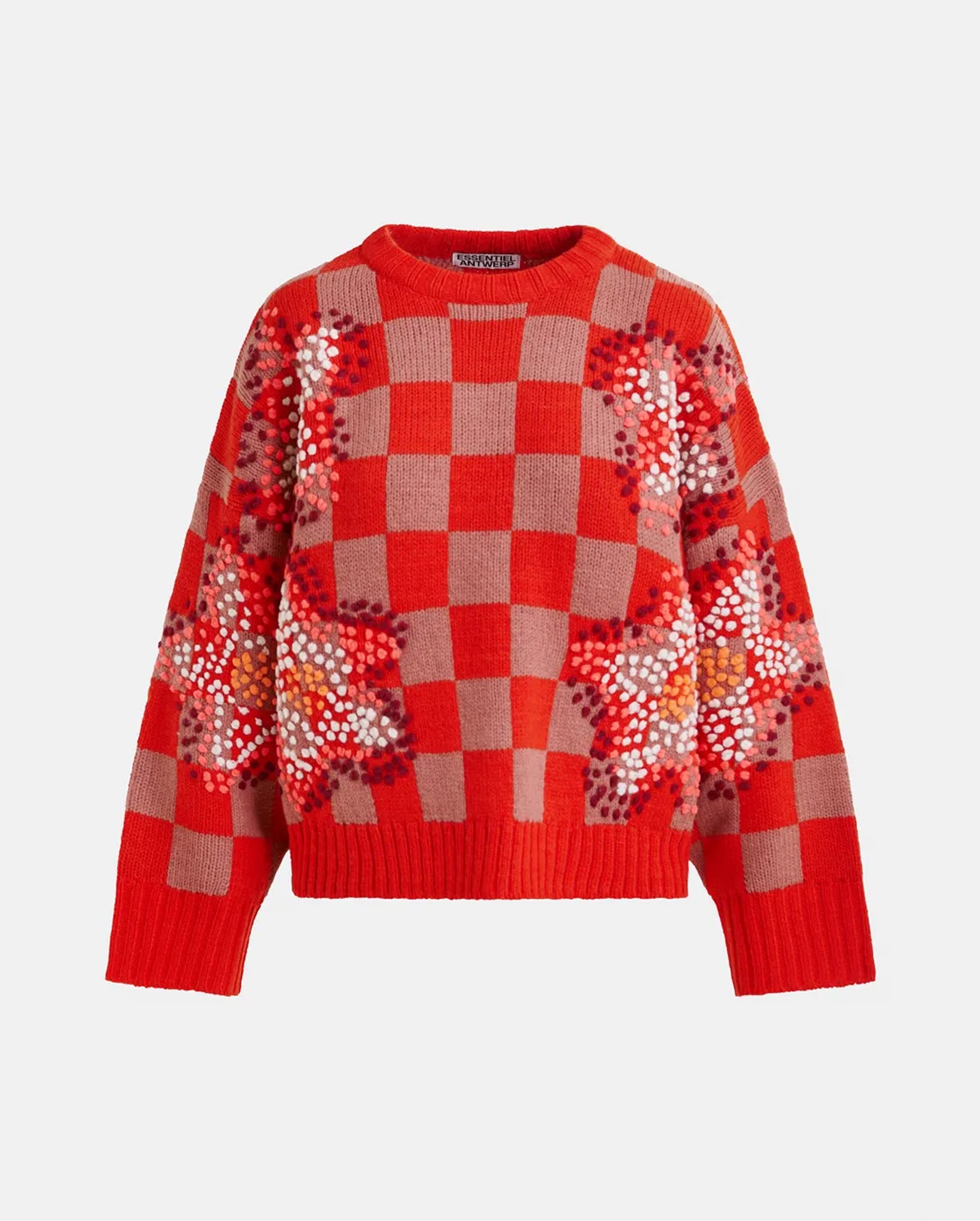 Checkerboard Floral Jacquard Knit Sweater (Brown/Off-white/Red)