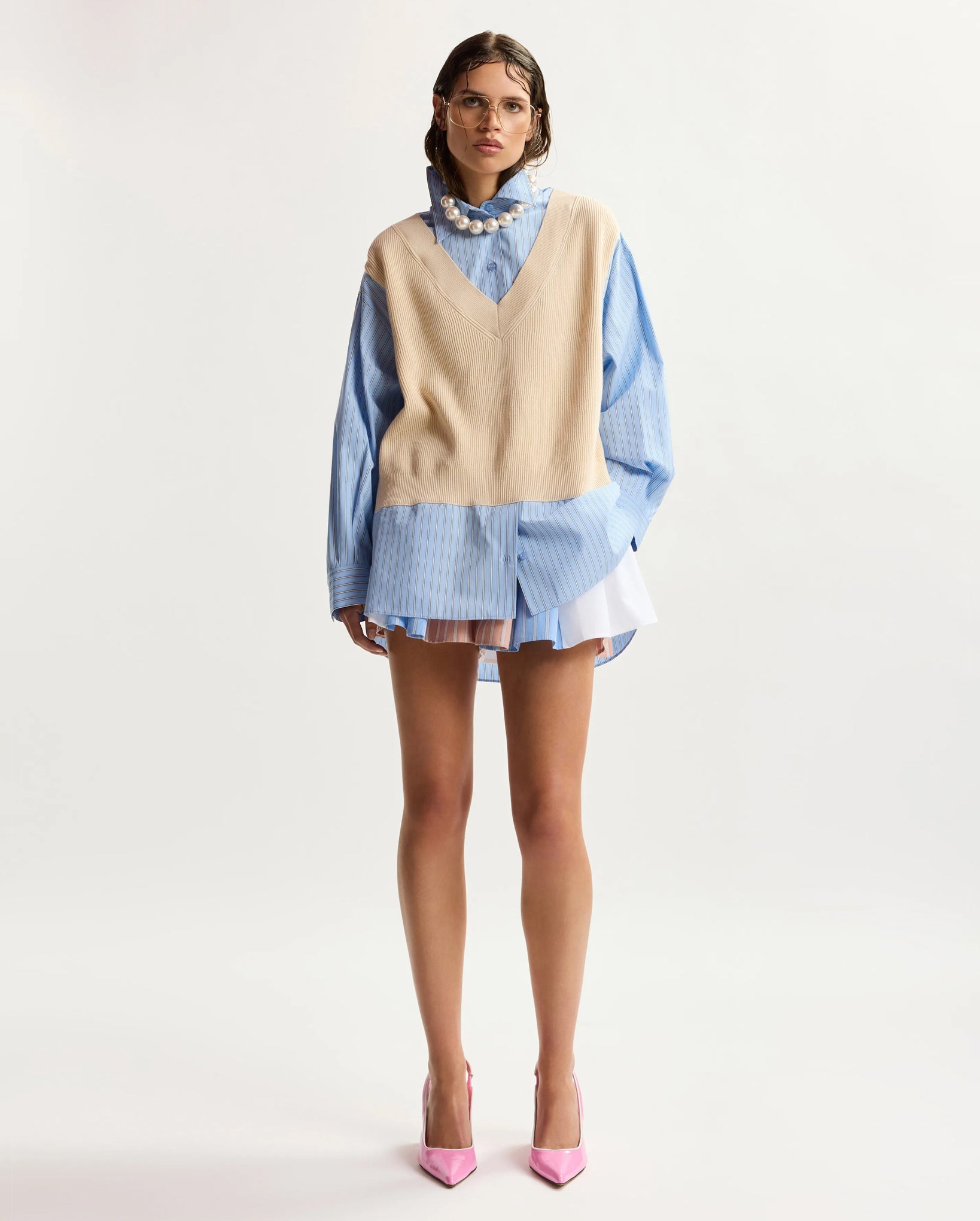 Knit-Panel Oversized Shirt (Black/Cream/Light Blue)