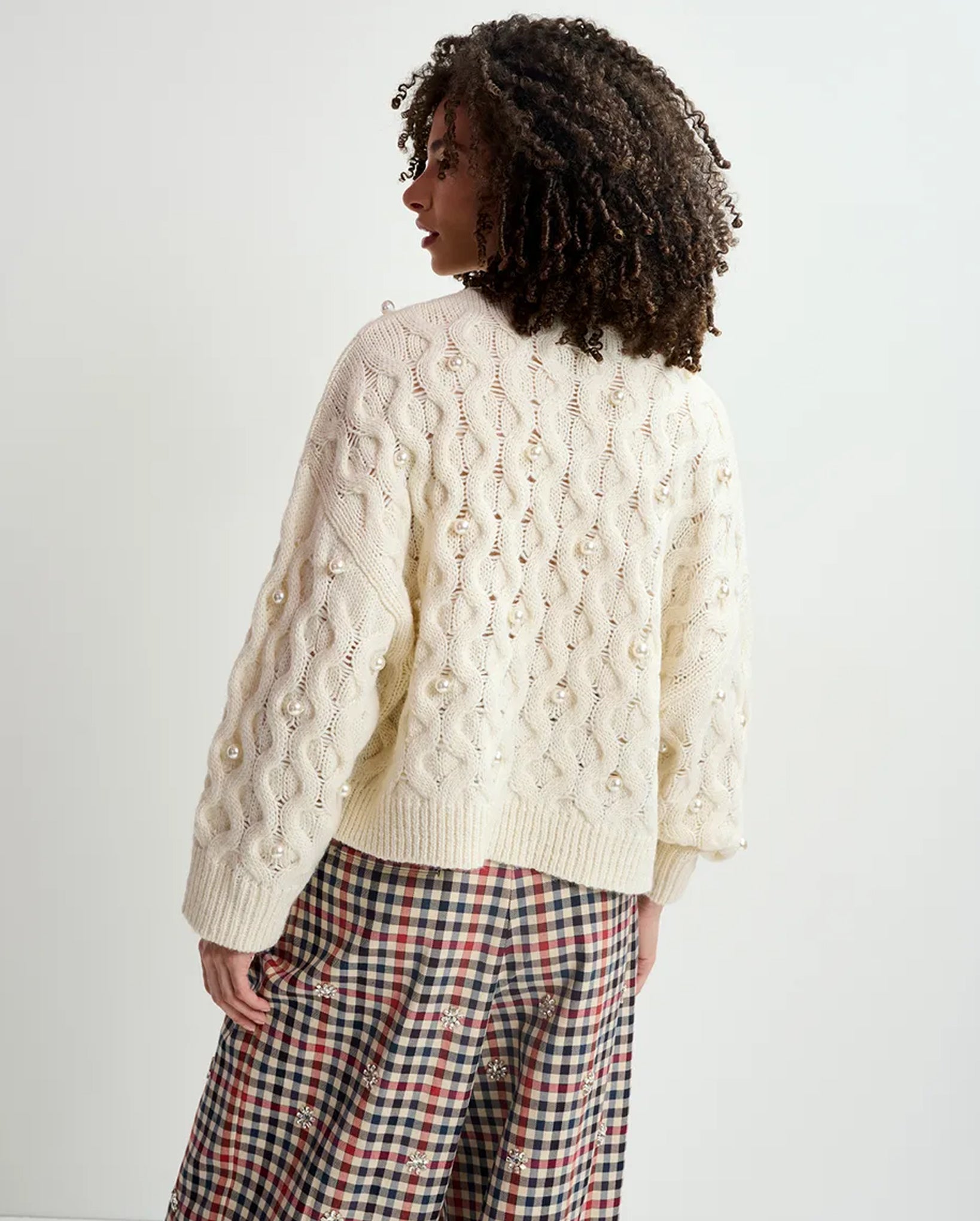 Cable Knitted Sweater with Pearl Embellishments (Ecru)