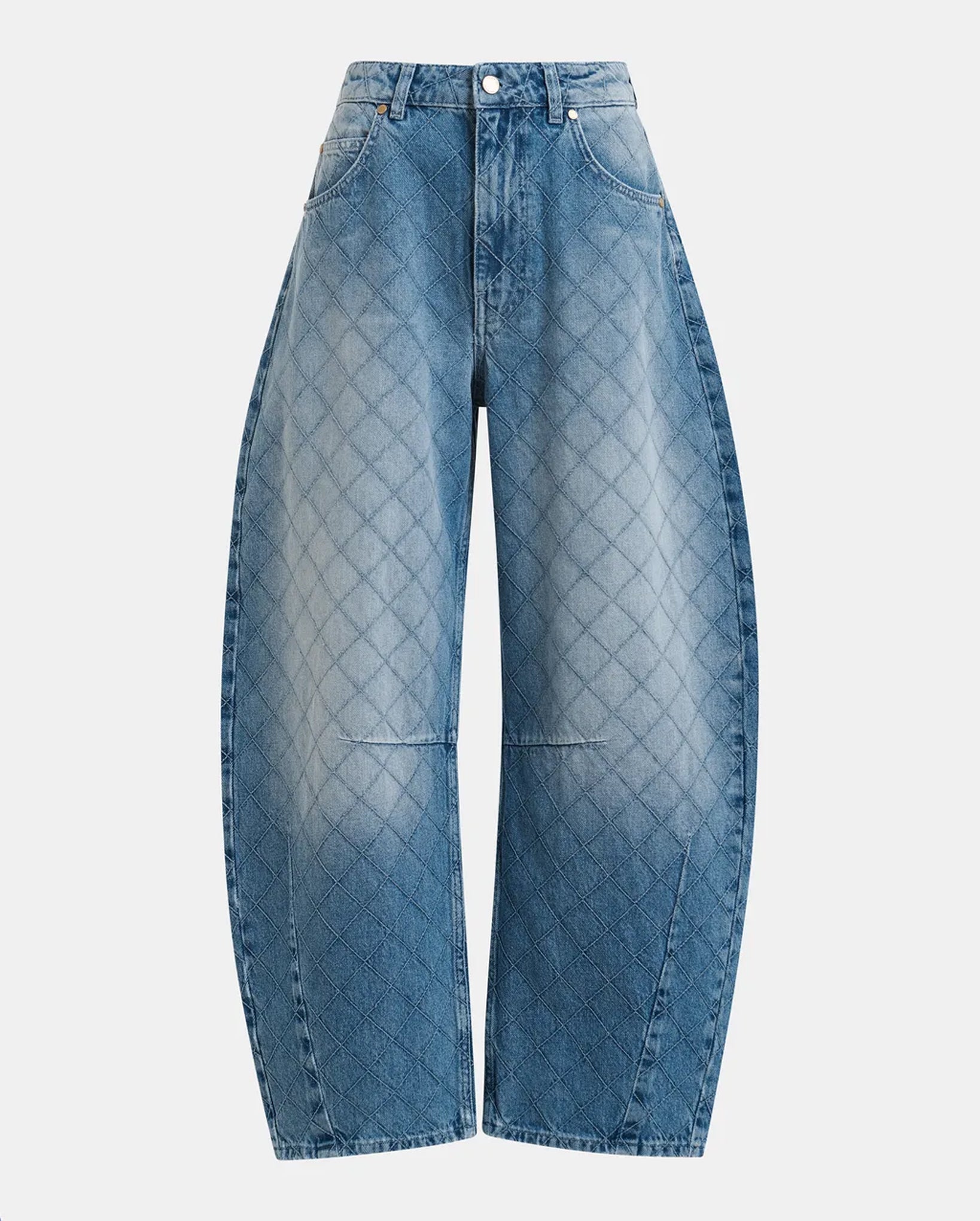 Diamond-Stitched Cotton Barrel-Leg Jeans (Blue)