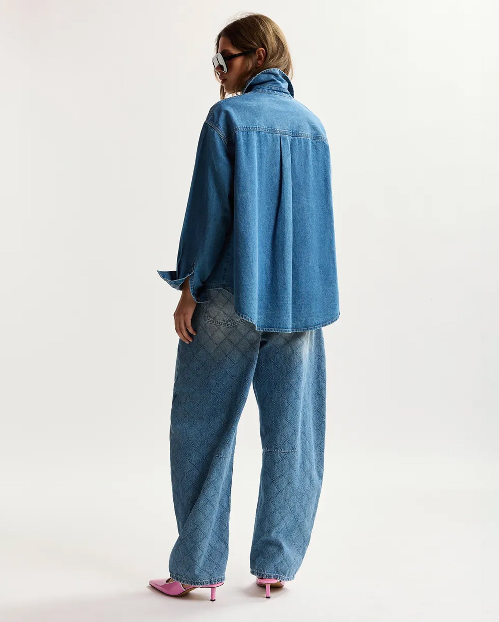 Denim Shirt With Floral Rhinestone Embellishments (Blue)