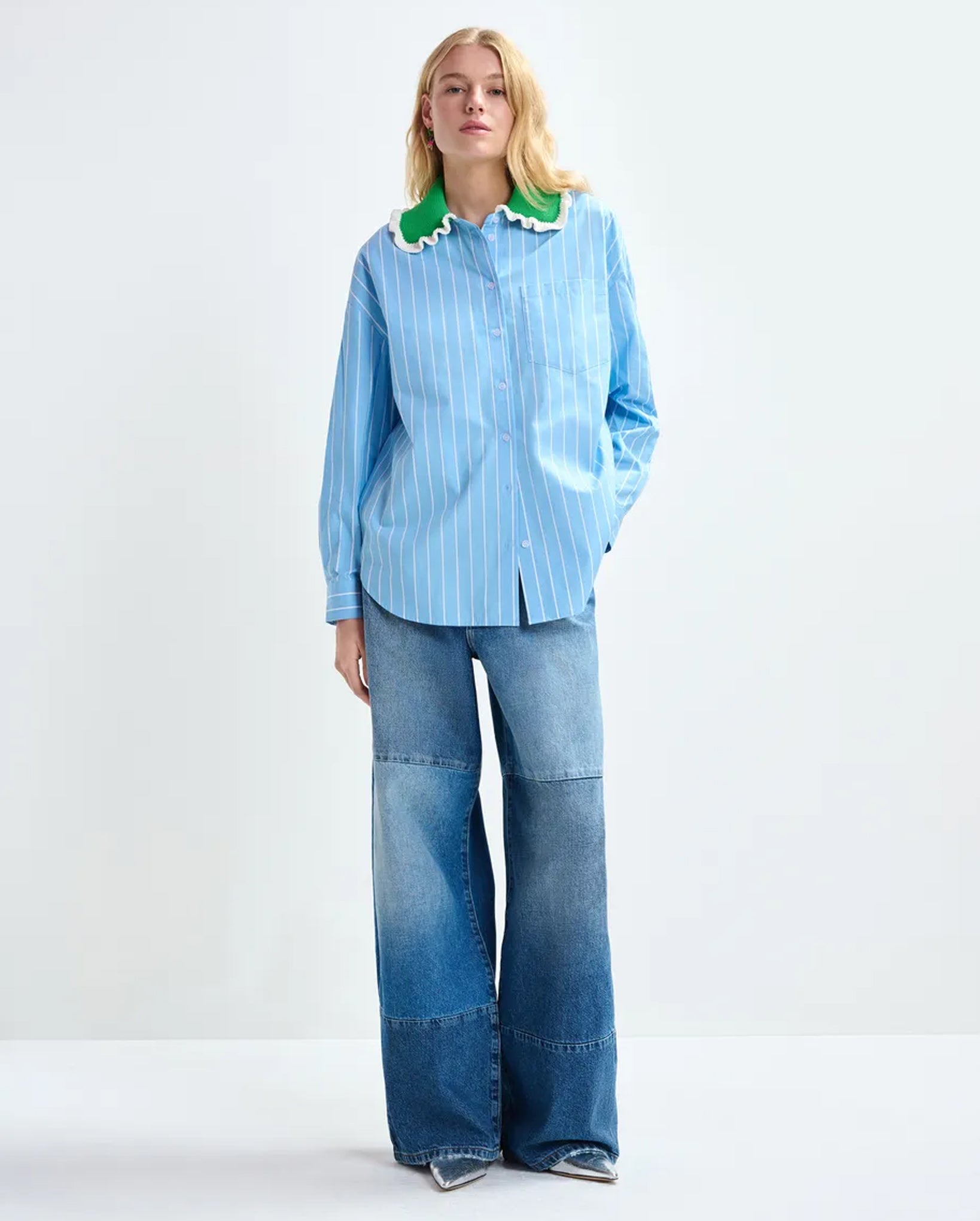 Striped Cotton Shirt with Crochet Ruffled Collar (Light Blue/Off-White/Green)