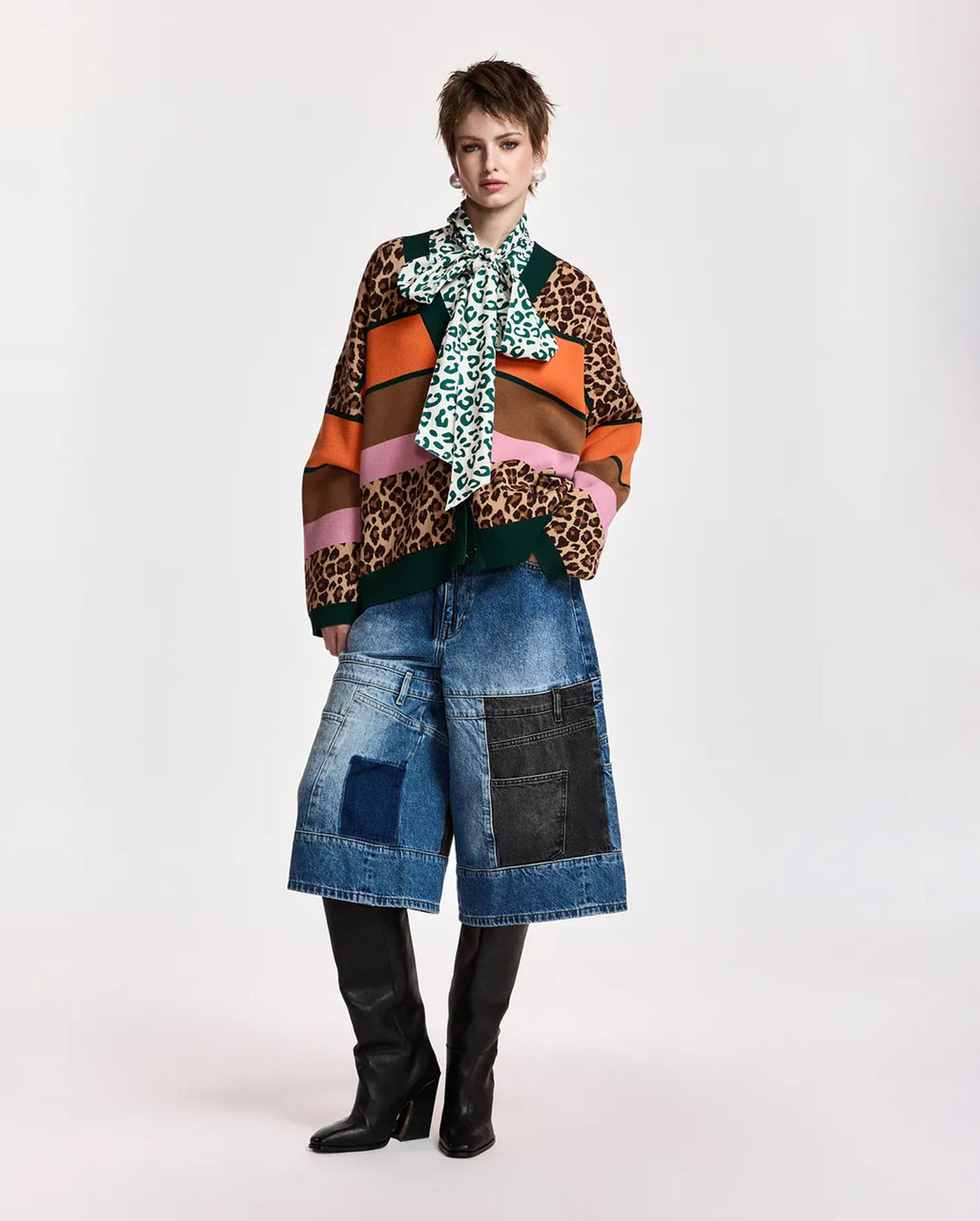 Leopard-Print Colour-Block Cardigan (Brown/Multicolour)