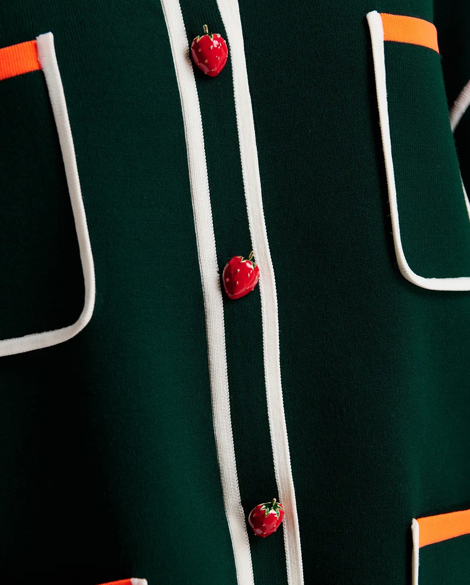 Fine Knit Cardigan With Lace-Trimmed Collar And Strawberry-Shaped Buttons (Dark Green/Orange/White)