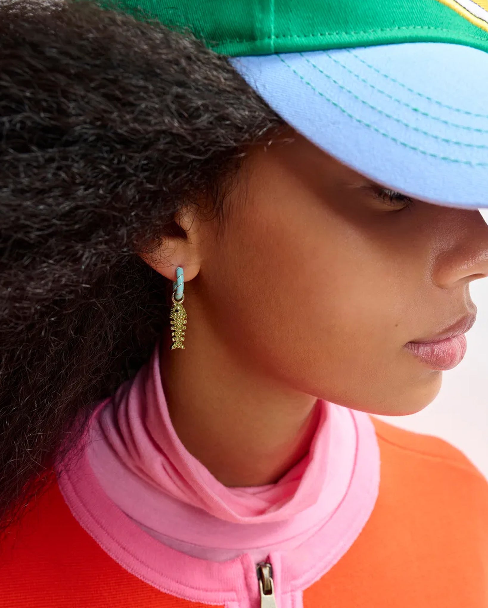Hoop Earrings with Bear and Fish Bone Pendants (Gold/Light Blue)