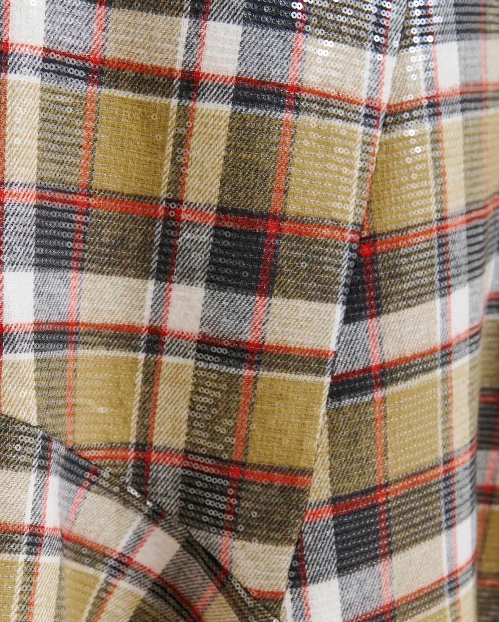 Check Print Midi Skirt with Fringed Hemline and Sequin Embellishments (Dark Blue/Khaki/Red)