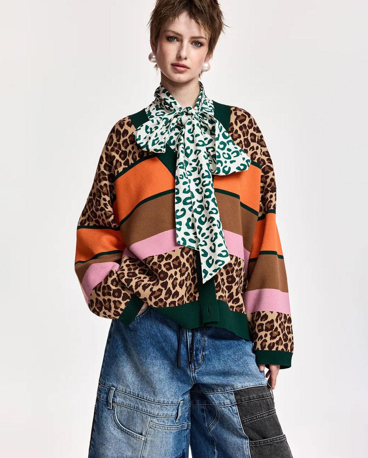 Leopard-Print Colour-Block Cardigan (Brown/Multicolour)