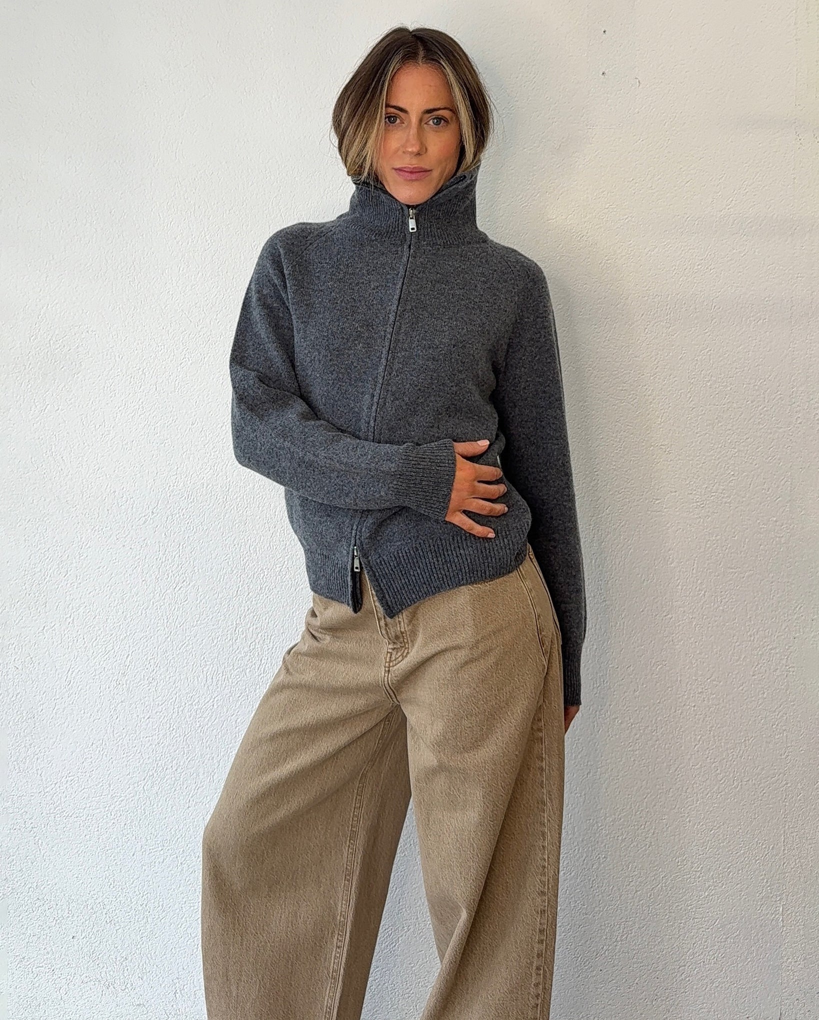 Arden Funnel Neck Knit Jacket (Grey)