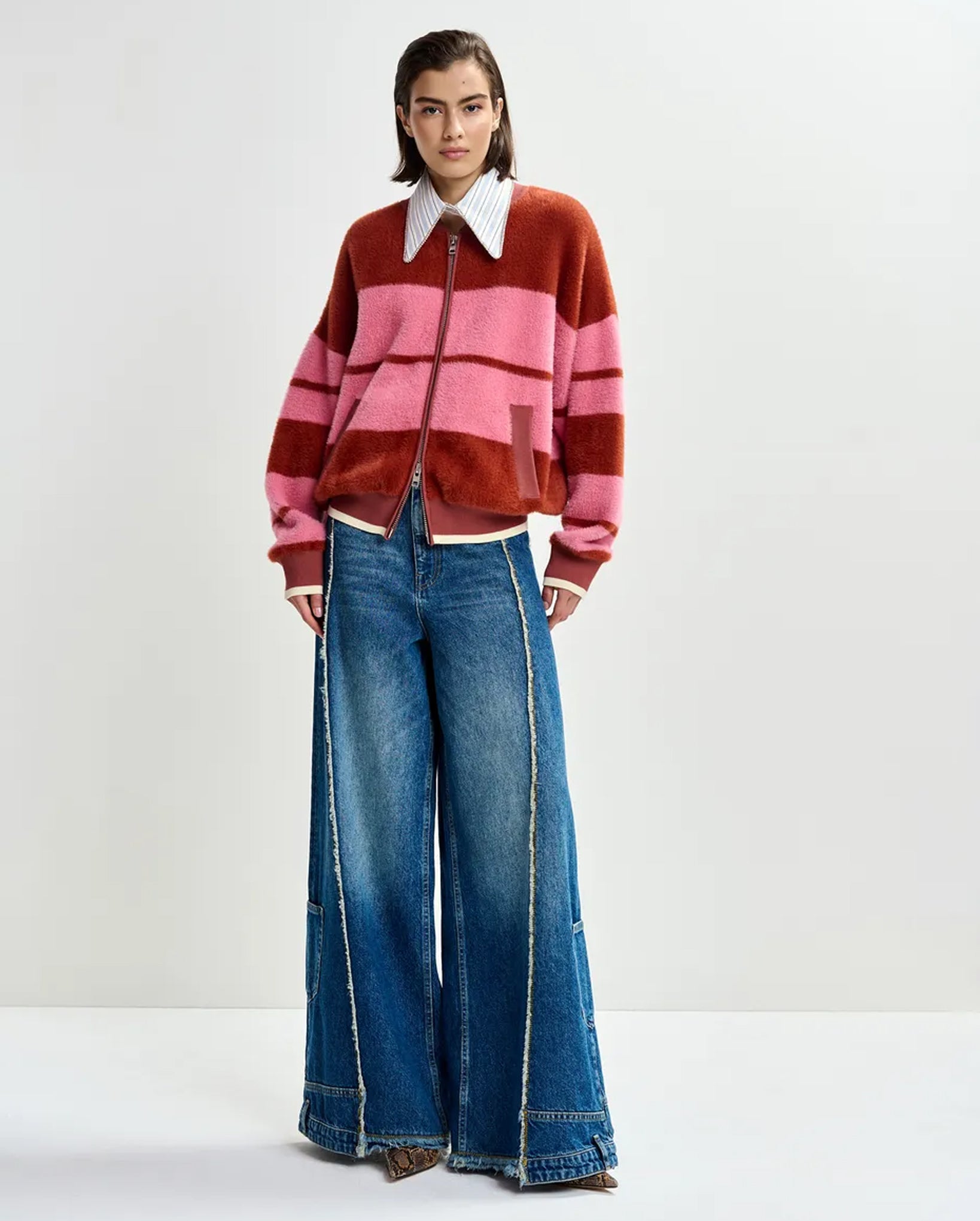 Striped Knitted Bomber Jacket (Burned Orange/Pink)