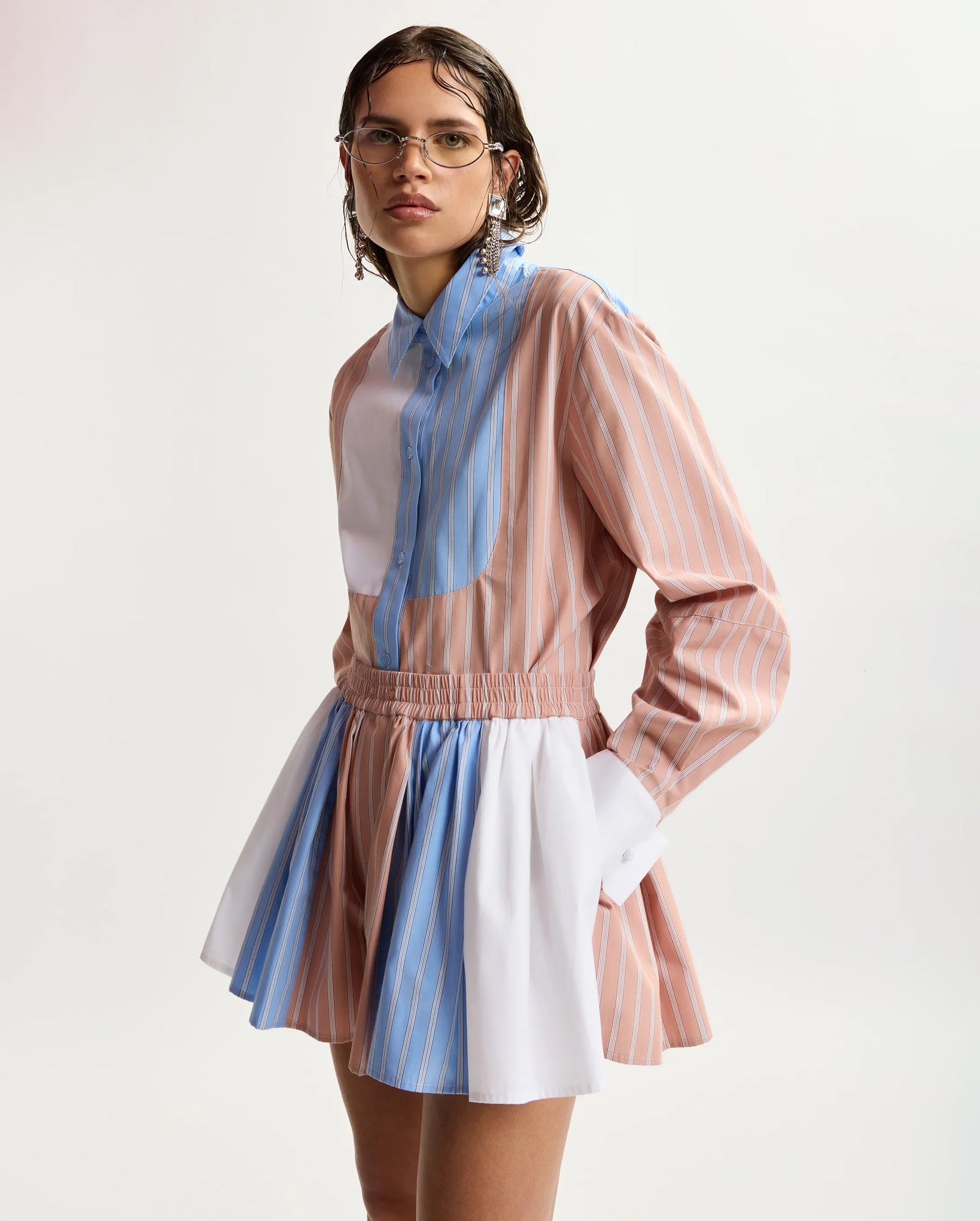 Oversized Striped Shirt With Contrast Panel (Camel/Light Blue/White)