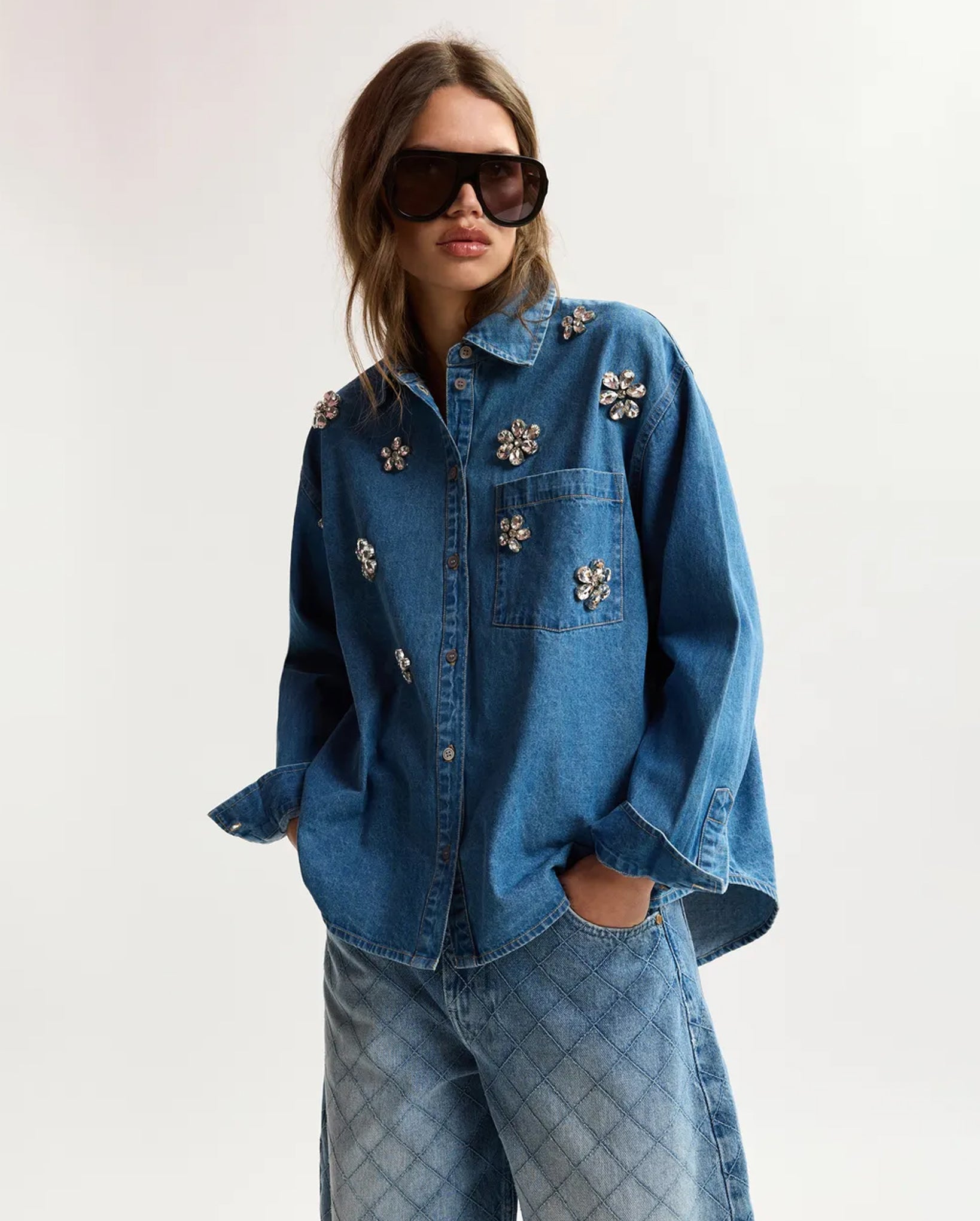 Denim Shirt With Floral Rhinestone Embellishments (Blue)