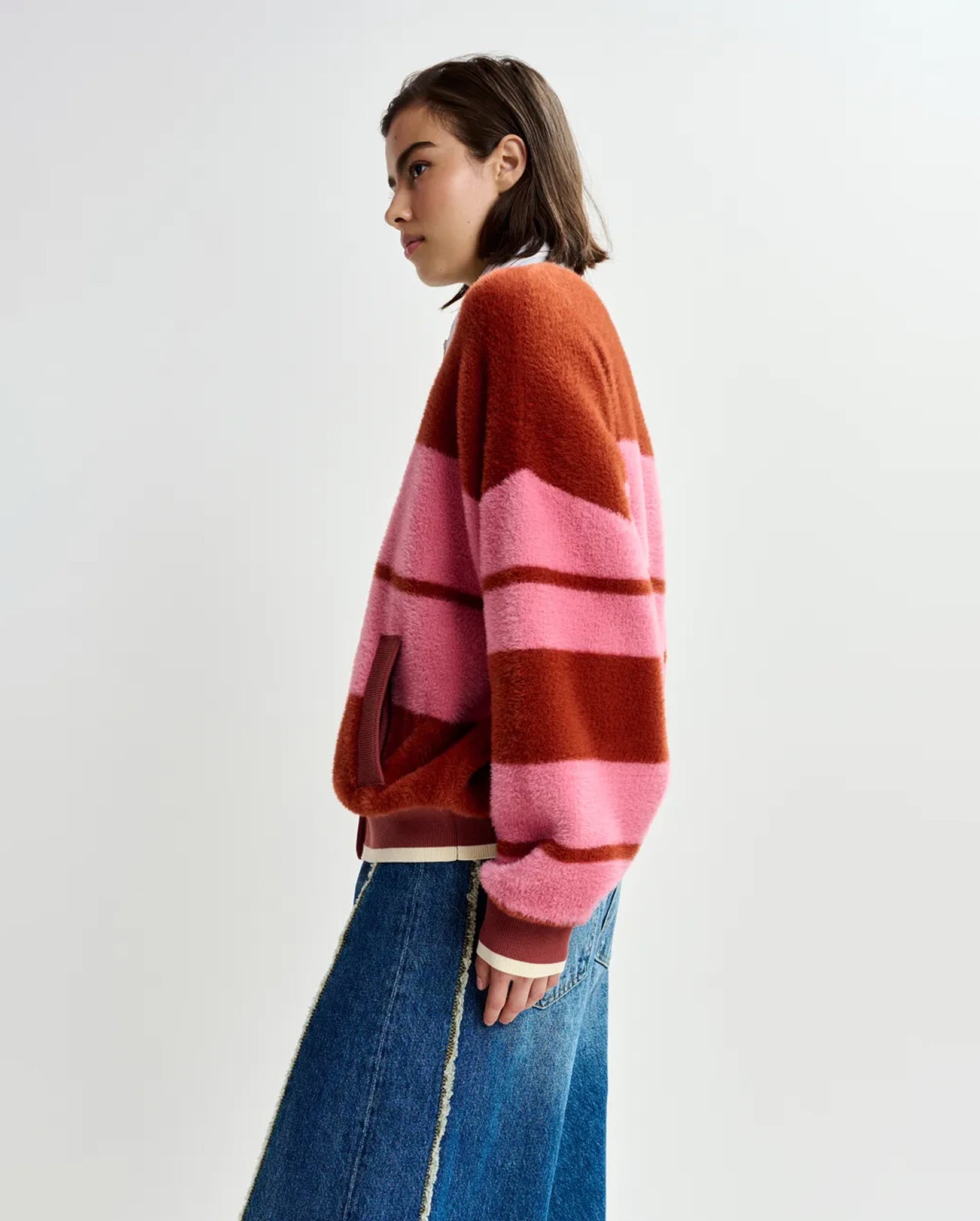 Striped Knitted Bomber Jacket (Burned Orange/Pink)