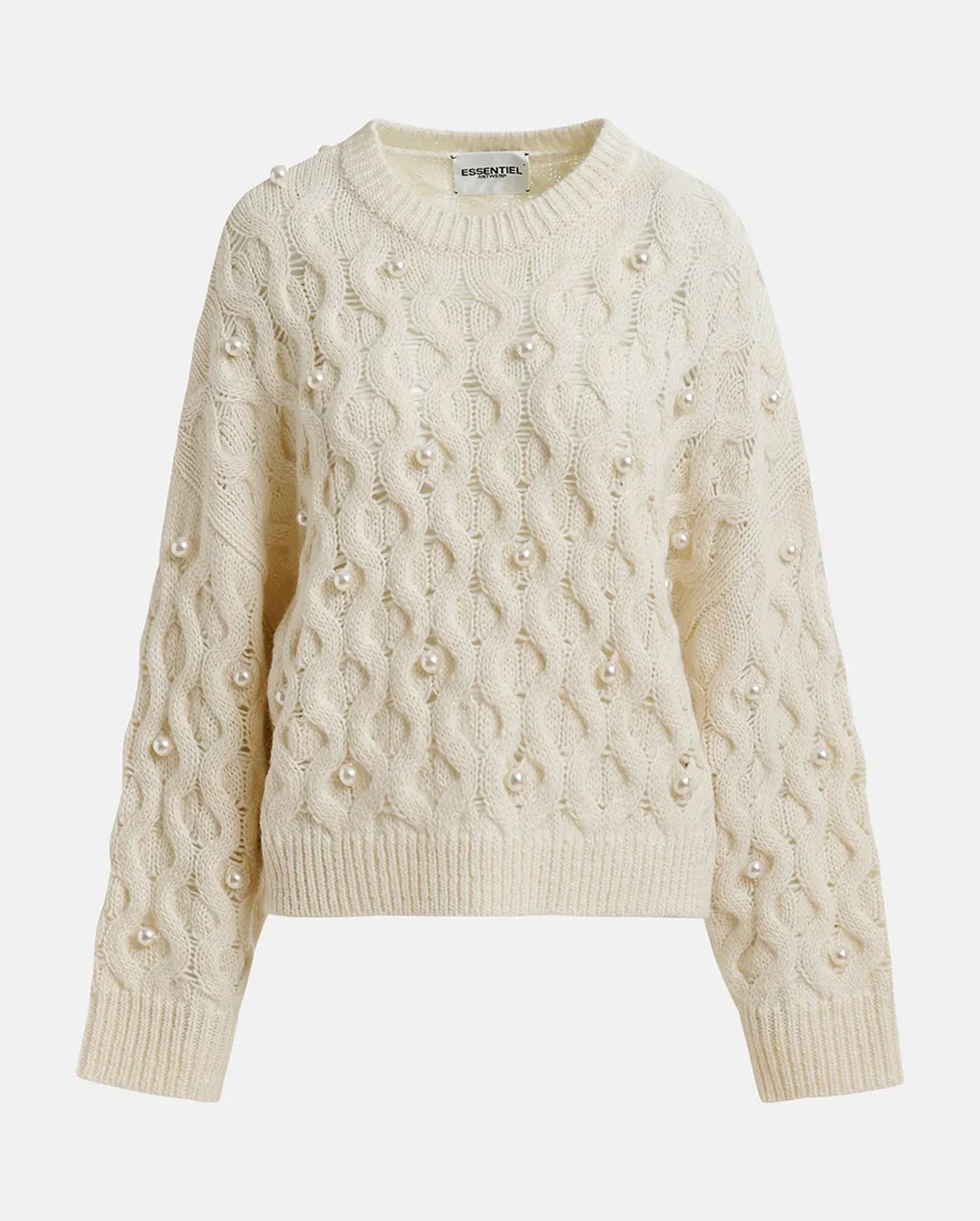 Cable Knitted Sweater with Pearl Embellishments (Ecru)