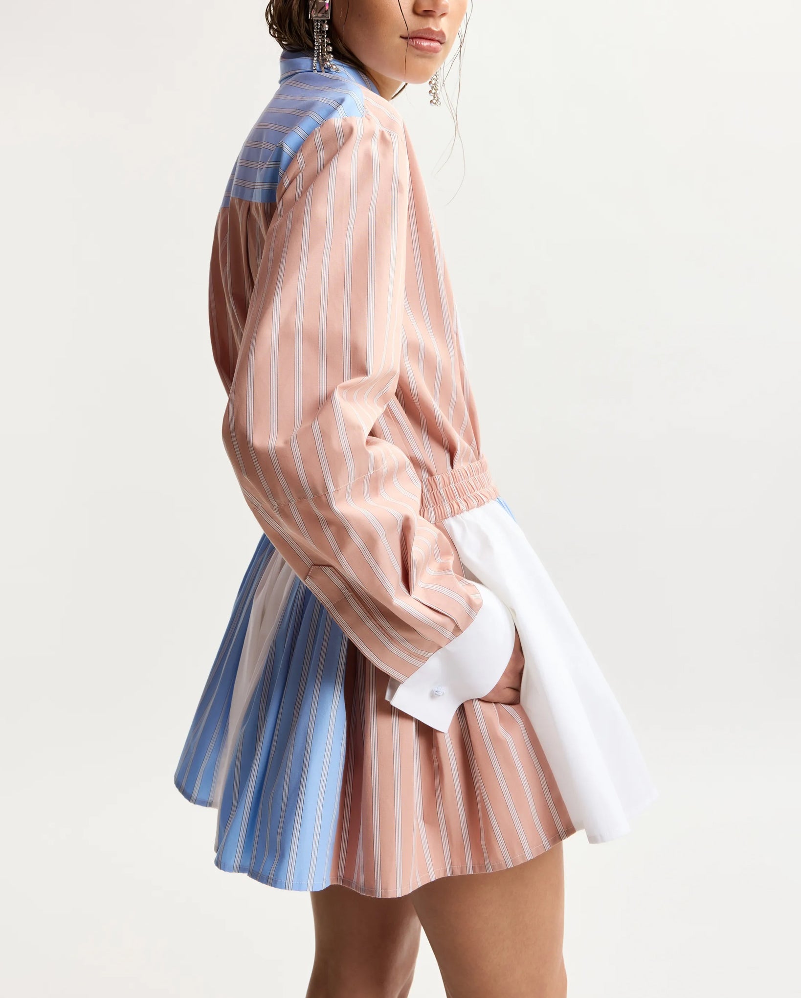 Oversized Striped Shirt With Contrast Panel (Camel/Light Blue/White)