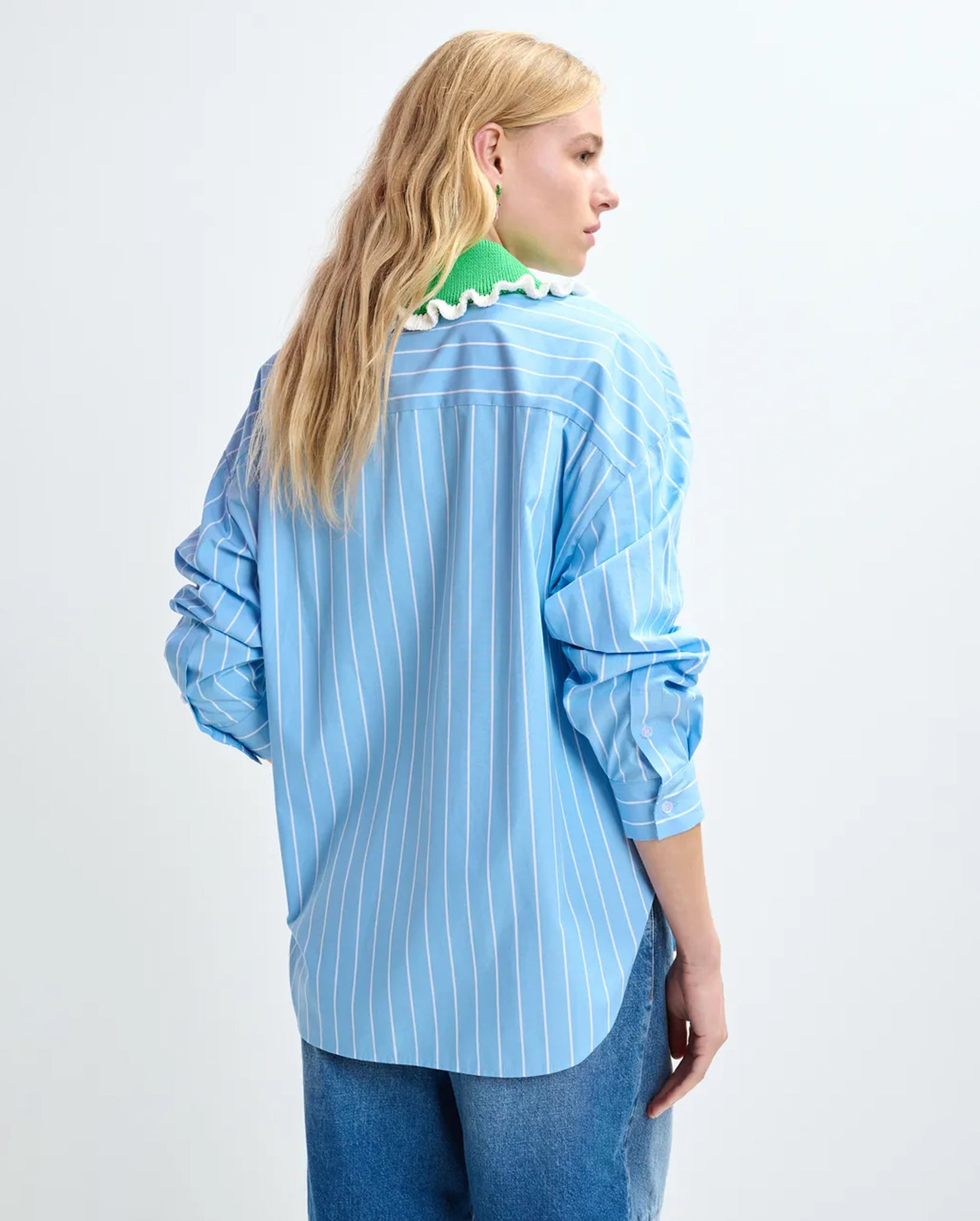Striped Cotton Shirt with Crochet Ruffled Collar (Light Blue/Off-White/Green)