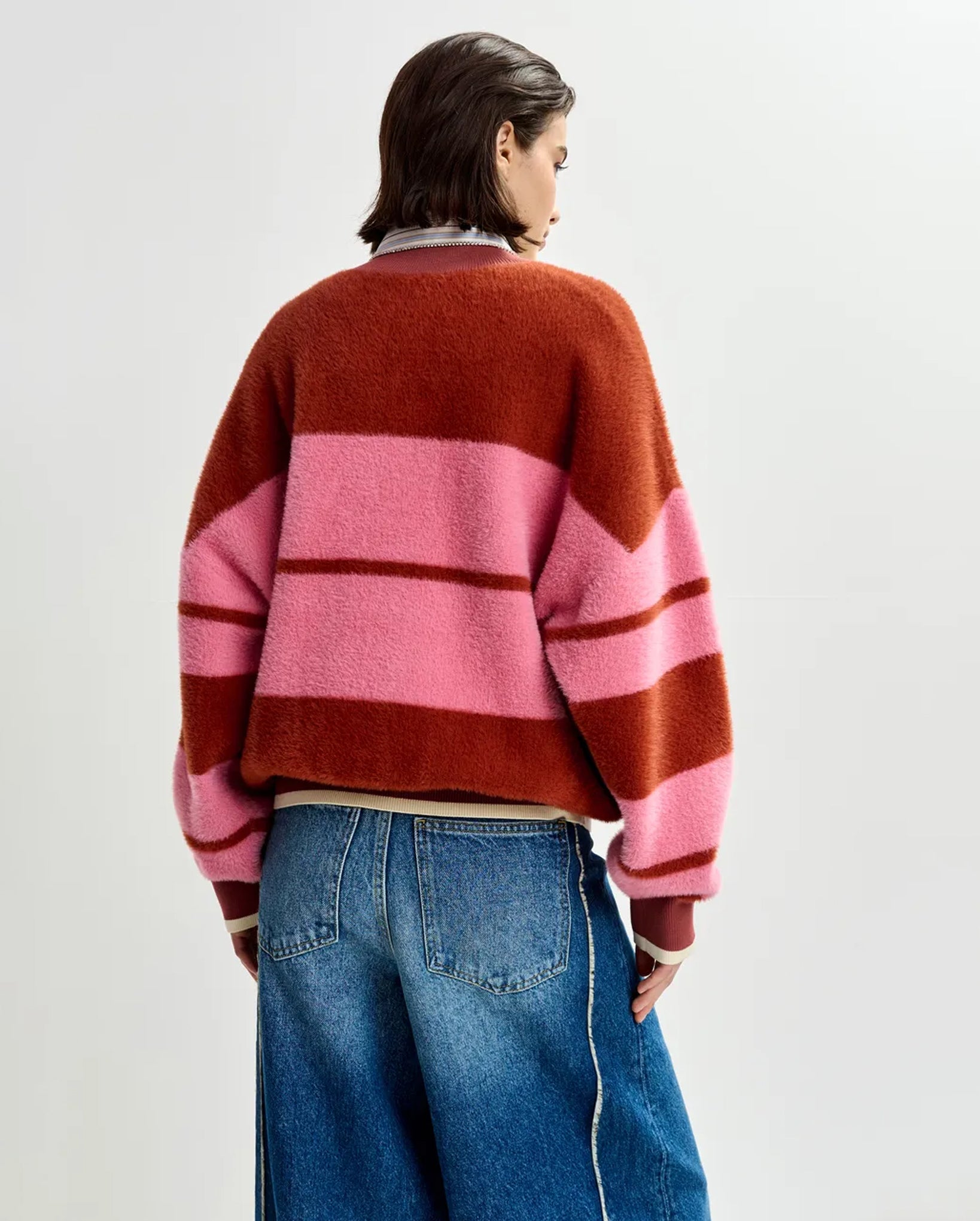 Striped Knitted Bomber Jacket (Burned Orange/Pink)