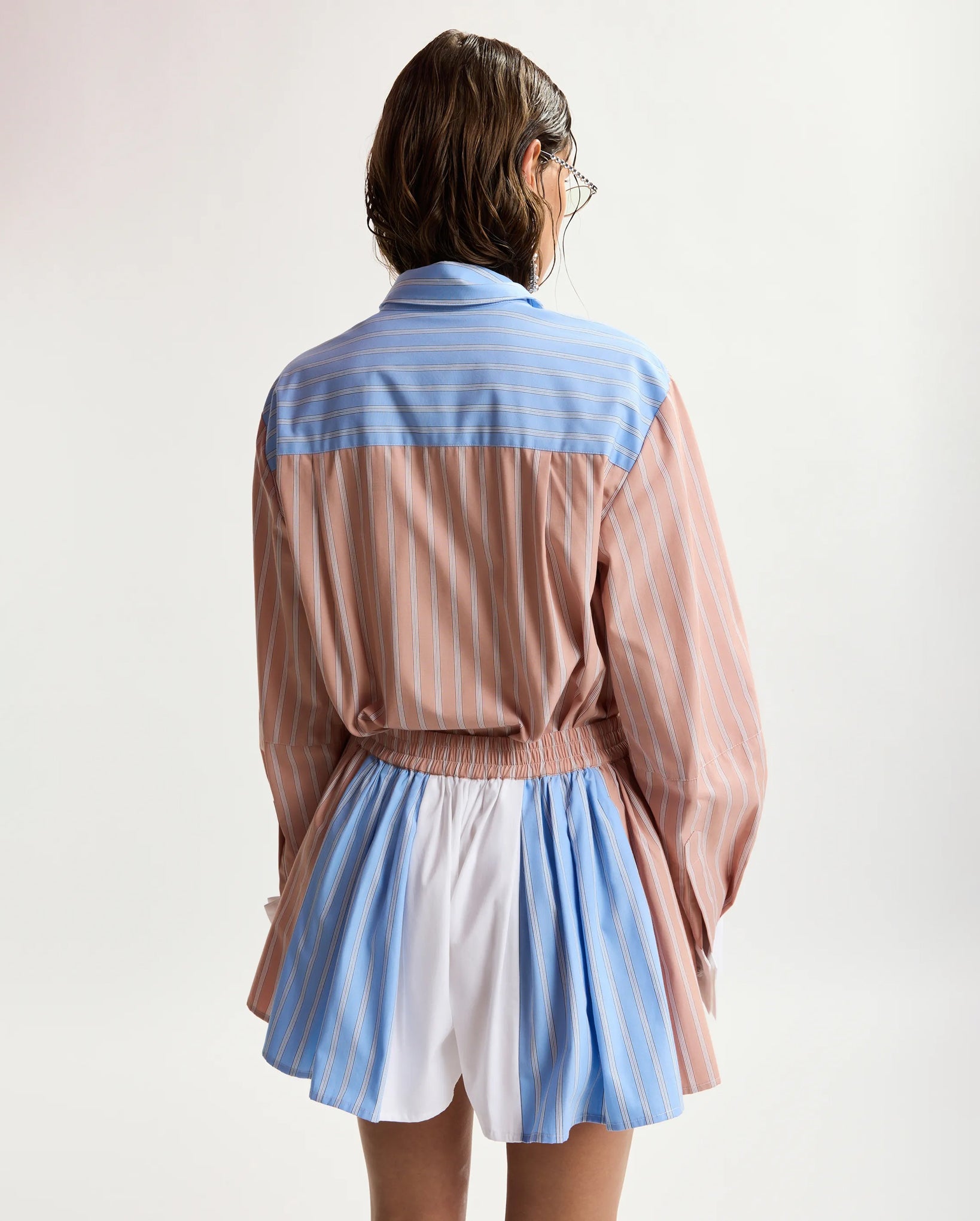 Oversized Striped Shirt With Contrast Panel (Camel/Light Blue/White)