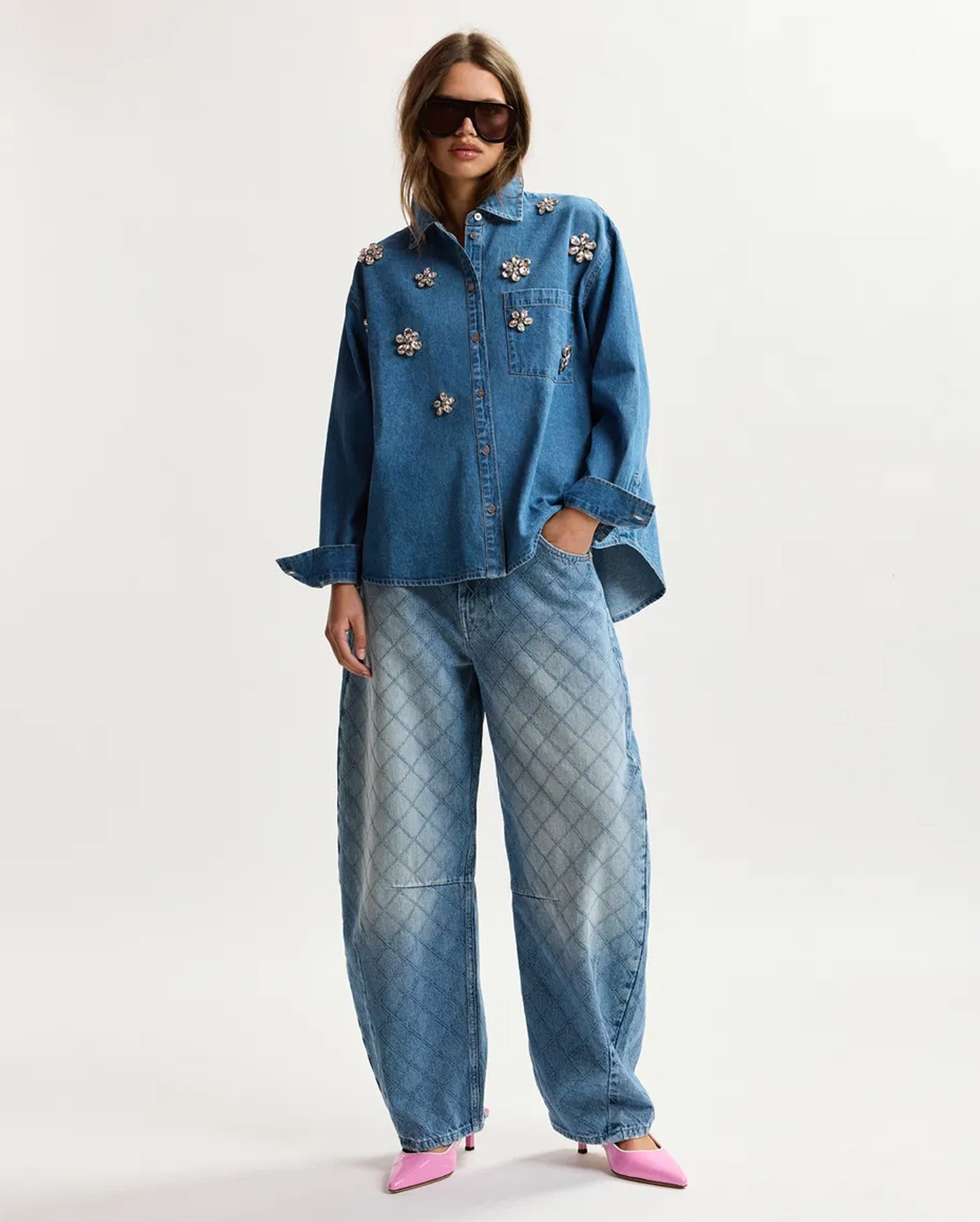 Denim Shirt With Floral Rhinestone Embellishments (Blue)