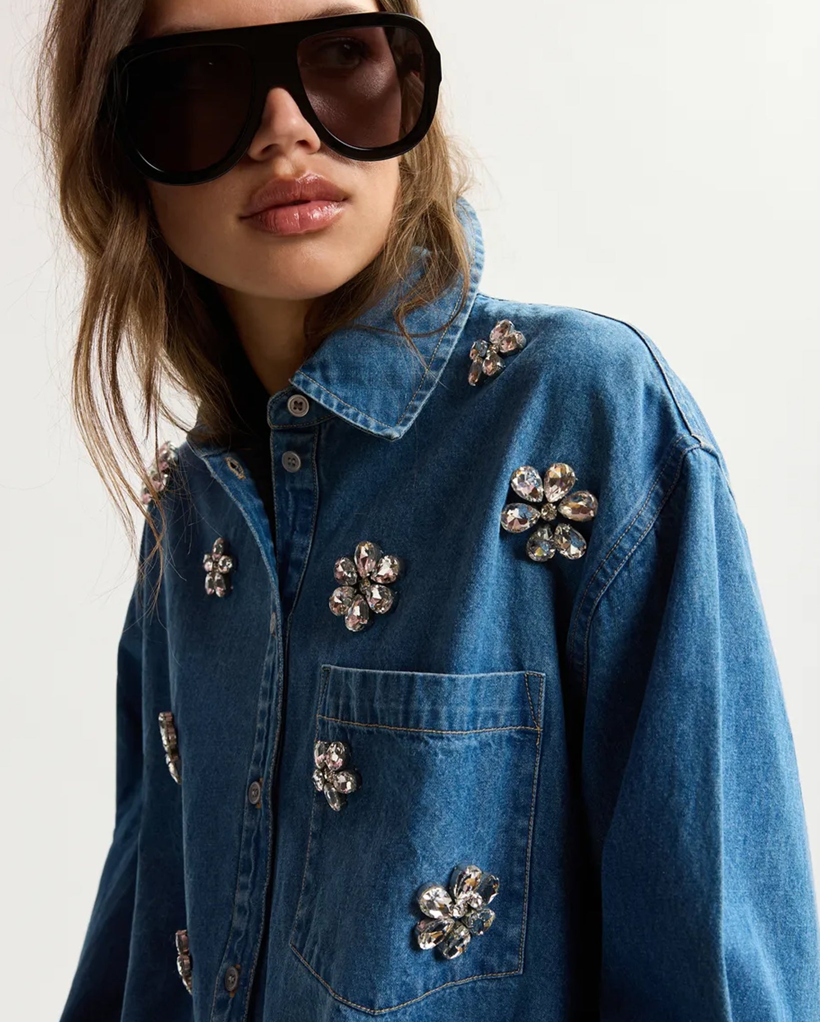 Denim Shirt With Floral Rhinestone Embellishments (Blue)