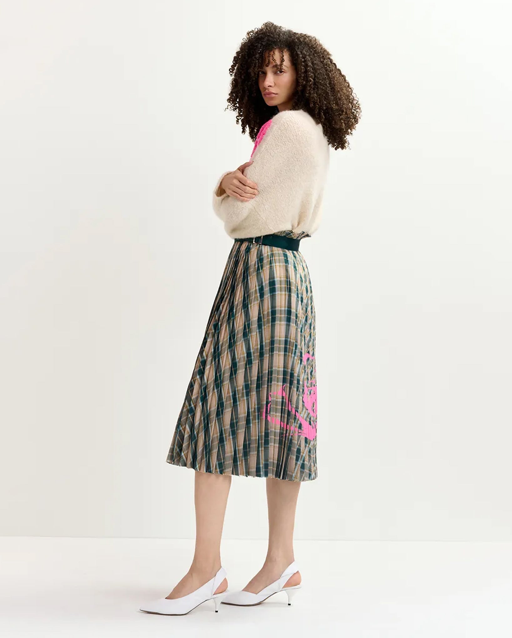 Checked Pleated Skirt With Floral Print