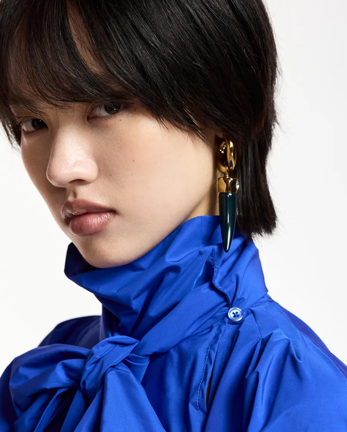 Horn Charm Hoop Earrings (Brown/Dark Green/Gold)