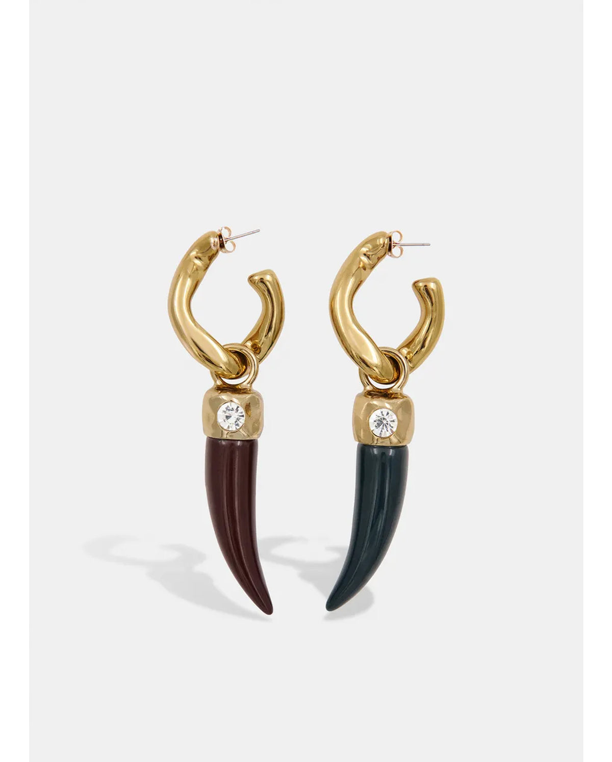 Horn Charm Hoop Earrings (Brown/Dark Green/Gold)